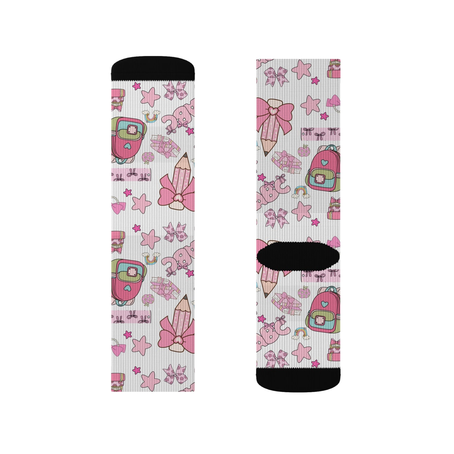 Back-to-School Pink Bow & Backpack Socks – Cute Unisex School Socks for Girls, Teens & Moms | ABC School Supply Print
