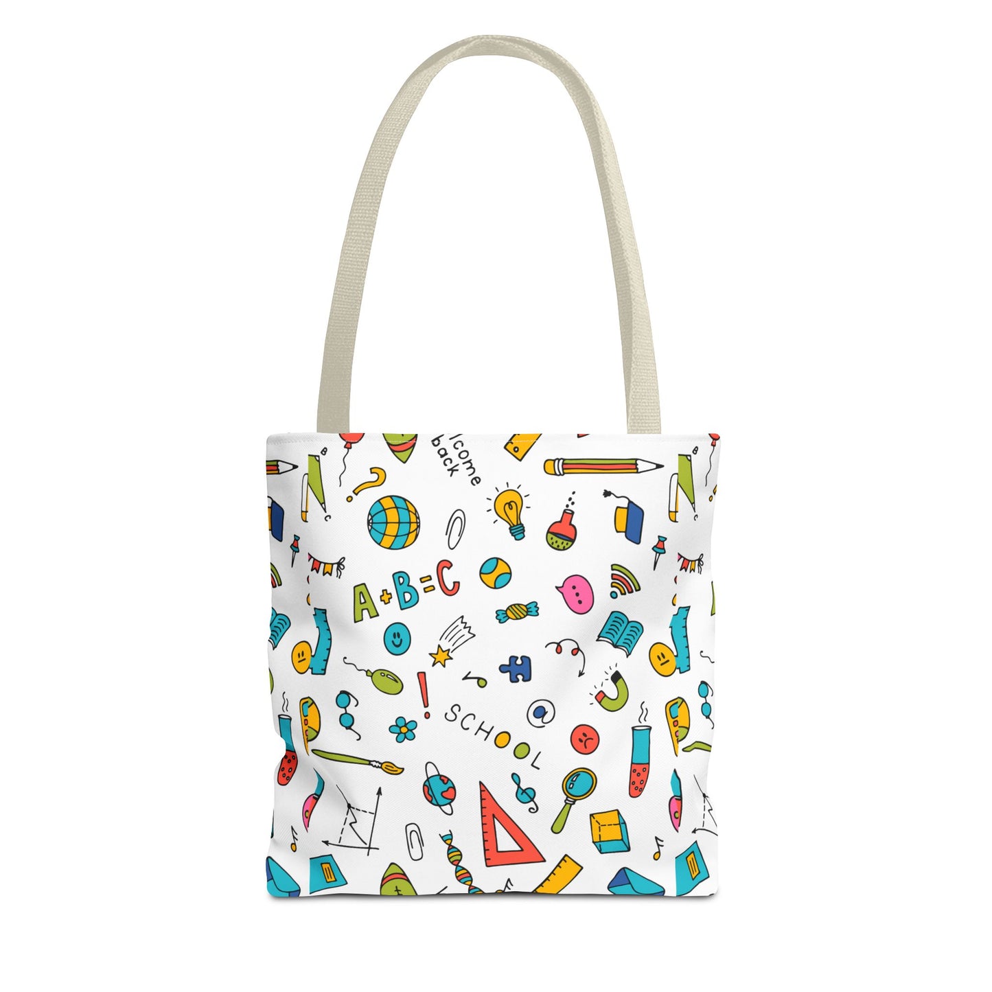 Back-to-School Doodle Print Tote Bag – Colorful School Supply Design in 3 Sizes