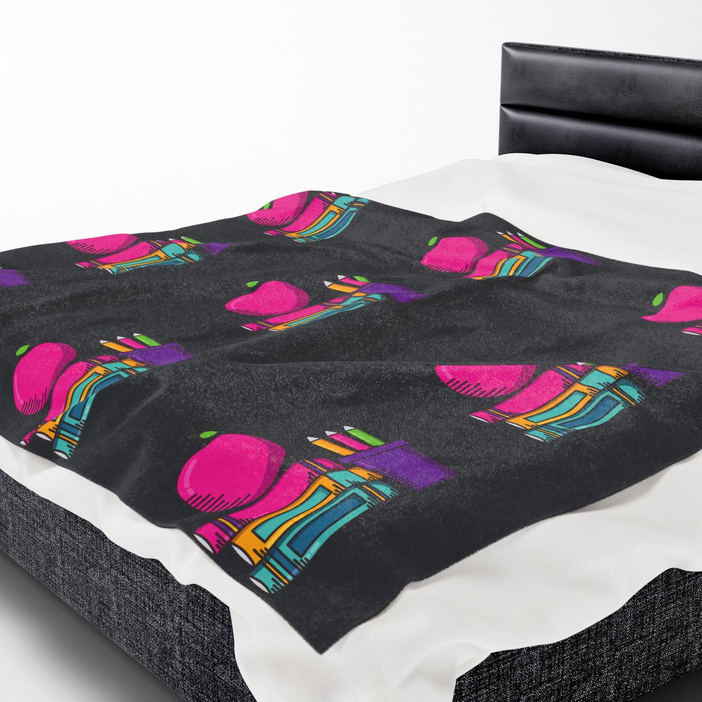 Black Back-to-School Apple & Books Blanket – Cozy Teacher Gift, Student Dorm Throw, Available in White or Black