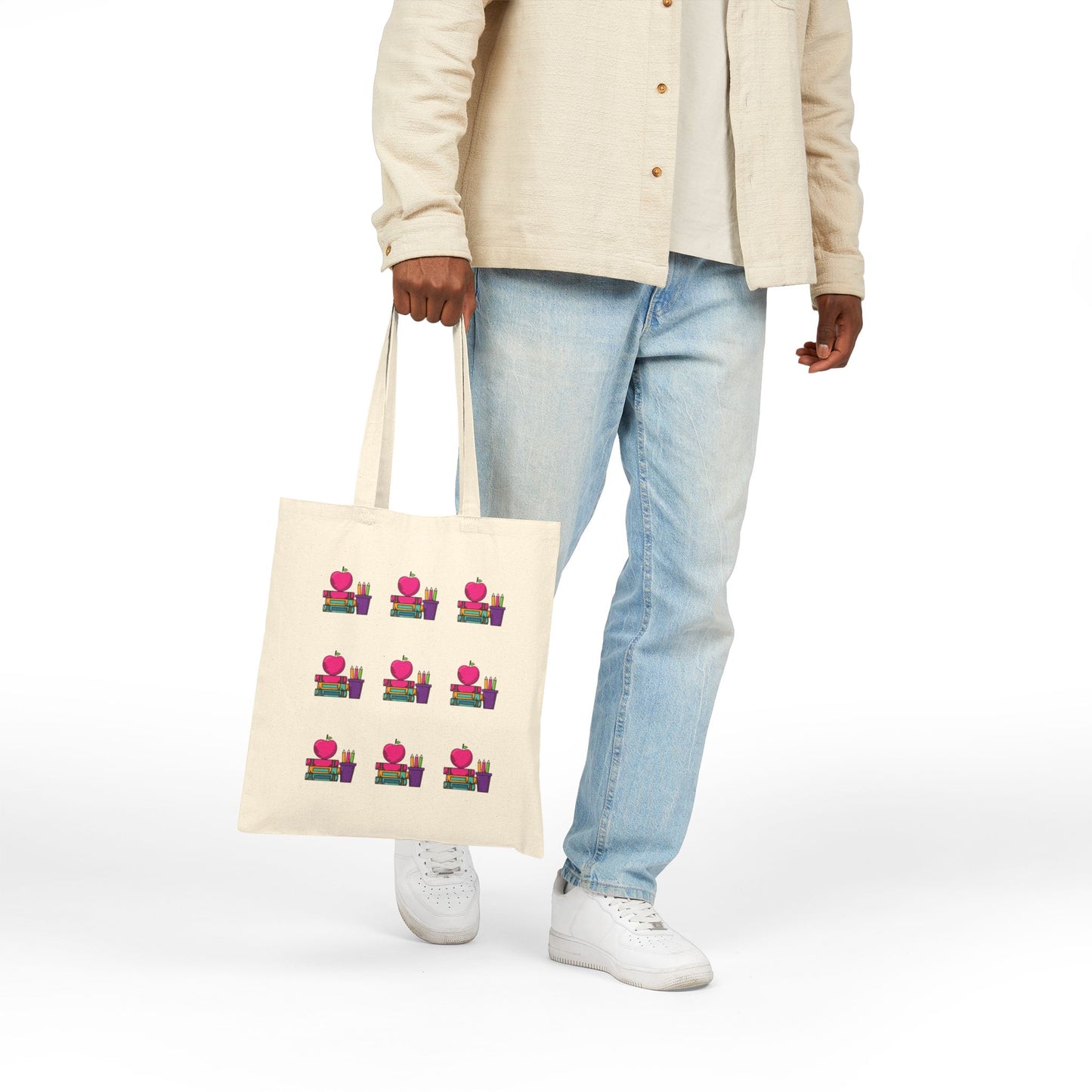 Canvas Tote Bag – Cute Apple & Books Print | Back-to-School Teacher Tote | Eco-Friendly Book Bag for Women & Moms