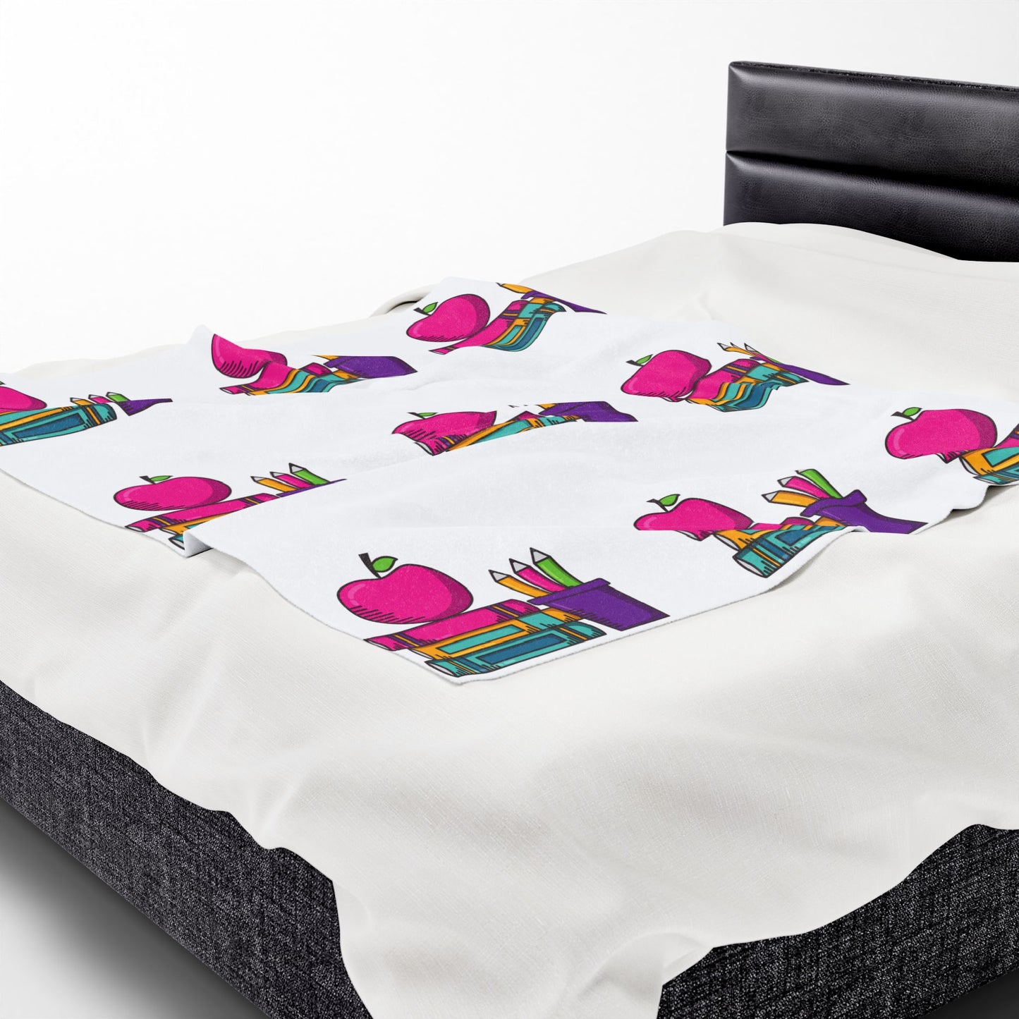 White Back-to-School Apple & Books Blanket – Cozy Teacher Gift, Student Dorm Throw, Available in White or Black