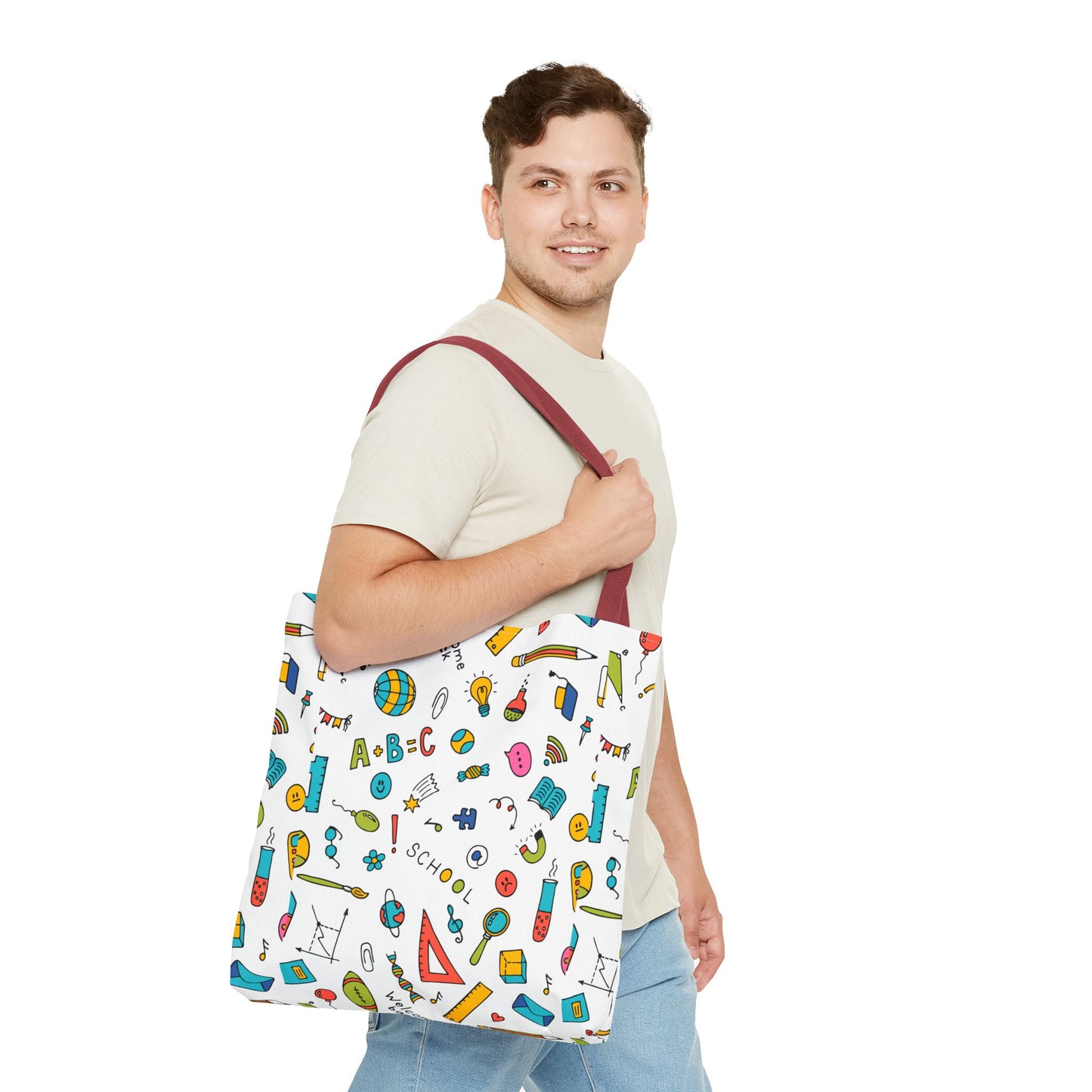 Back-to-School Doodle Print Tote Bag – Colorful School Supply Design in 3 Sizes