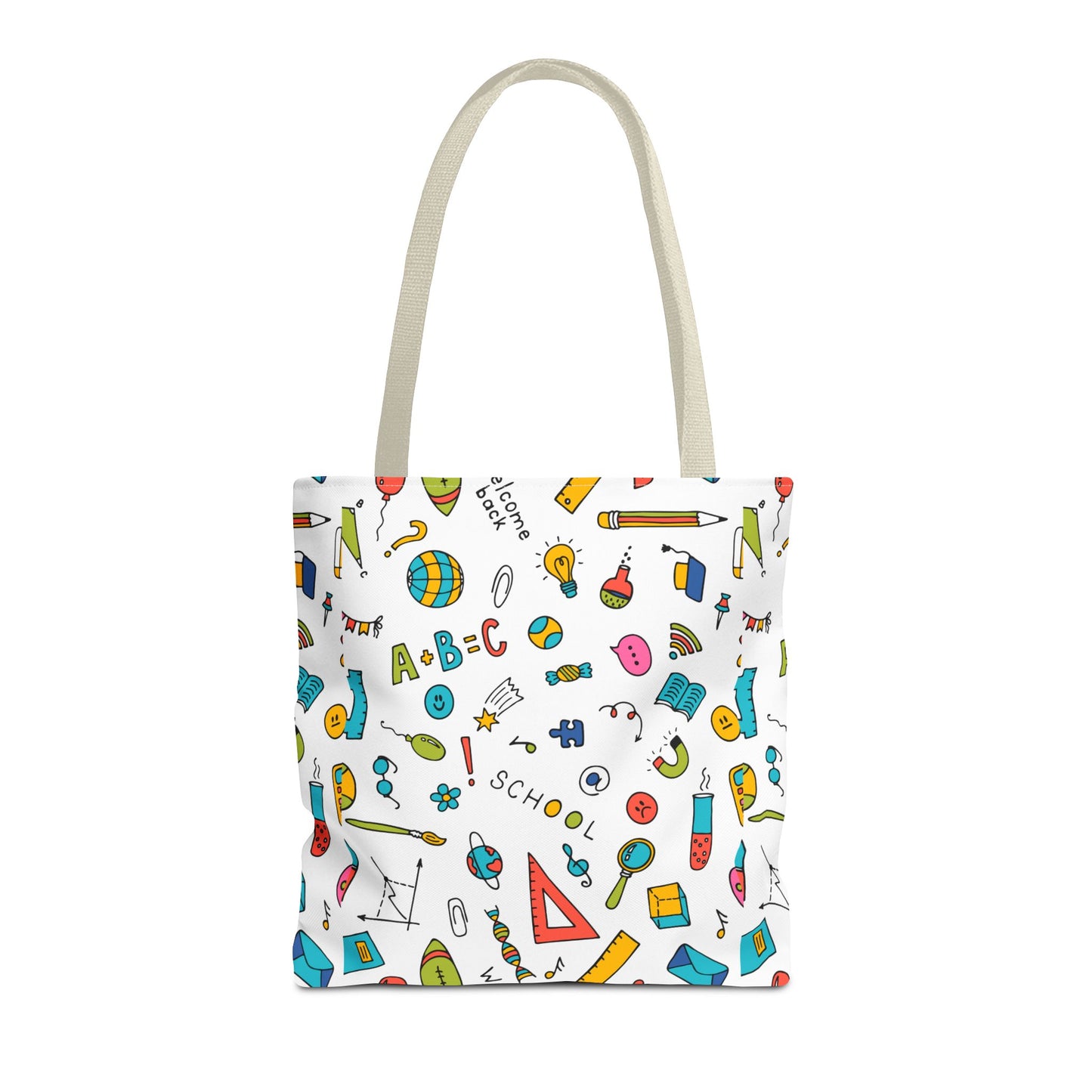 Back-to-School Doodle Print Tote Bag – Colorful School Supply Design in 3 Sizes