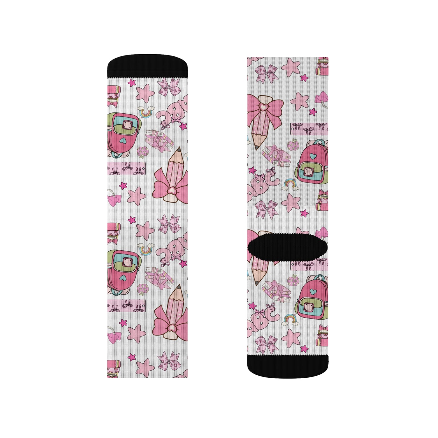 Back-to-School Pink Bow & Backpack Socks – Cute Unisex School Socks for Girls, Teens & Moms | ABC School Supply Print