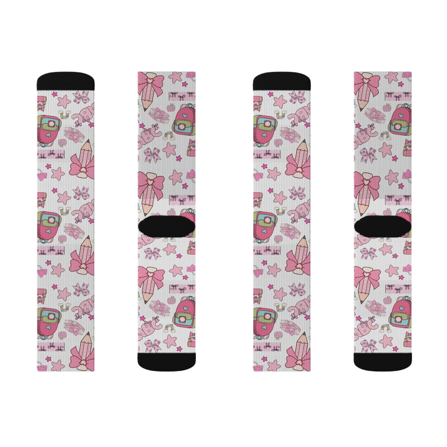 Back-to-School Pink Bow & Backpack Socks – Cute Unisex School Socks for Girls, Teens & Moms | ABC School Supply Print