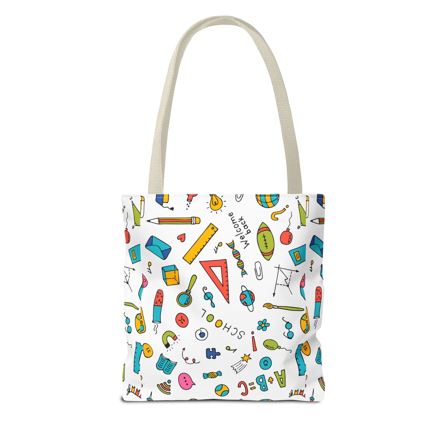 Back-to-School Doodle Print Tote Bag – Colorful School Supply Design in 3 Sizes