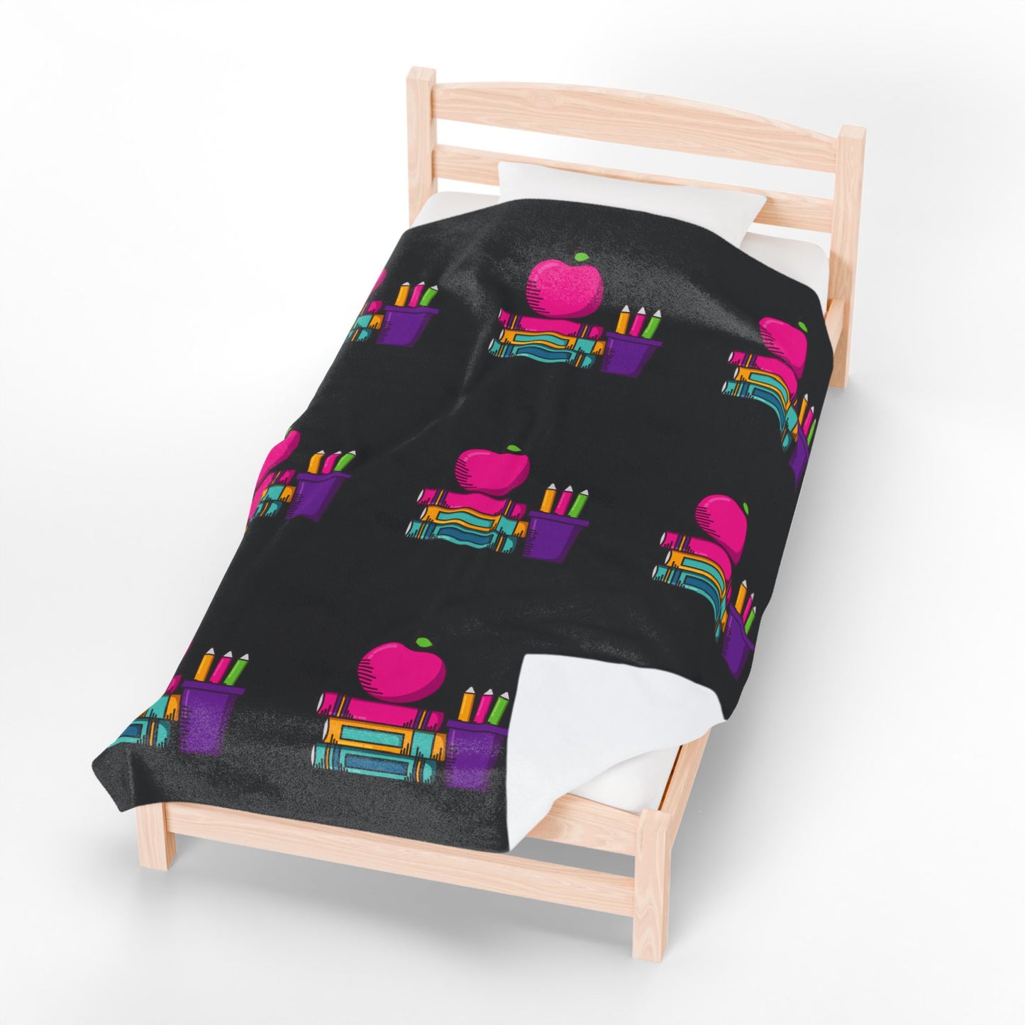 Black Back-to-School Apple & Books Blanket – Cozy Teacher Gift, Student Dorm Throw, Available in White or Black