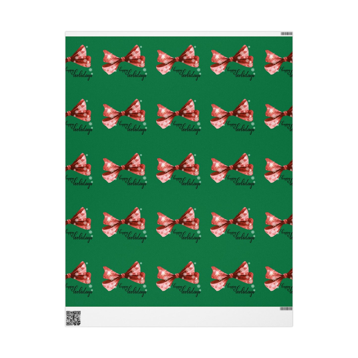 Festive Red Bow Christmas Wrapping Paper : Elegant Green Holiday Gift Wrap with Snowflakes and "Happy Holidays" Script