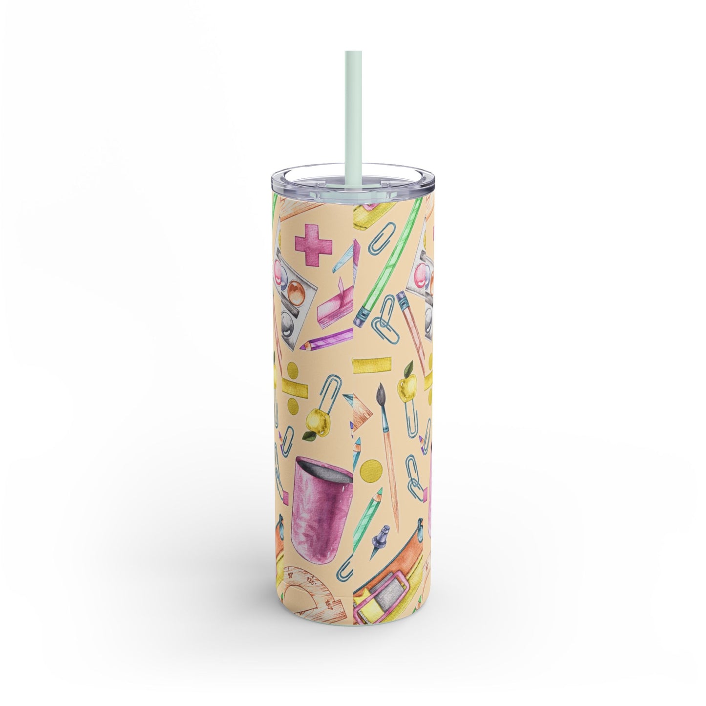 Back-to-School 20oz Skinny Tumbler – Colorful School Supplies Design, Insulated Stainless Steel Travel Cup with Straw