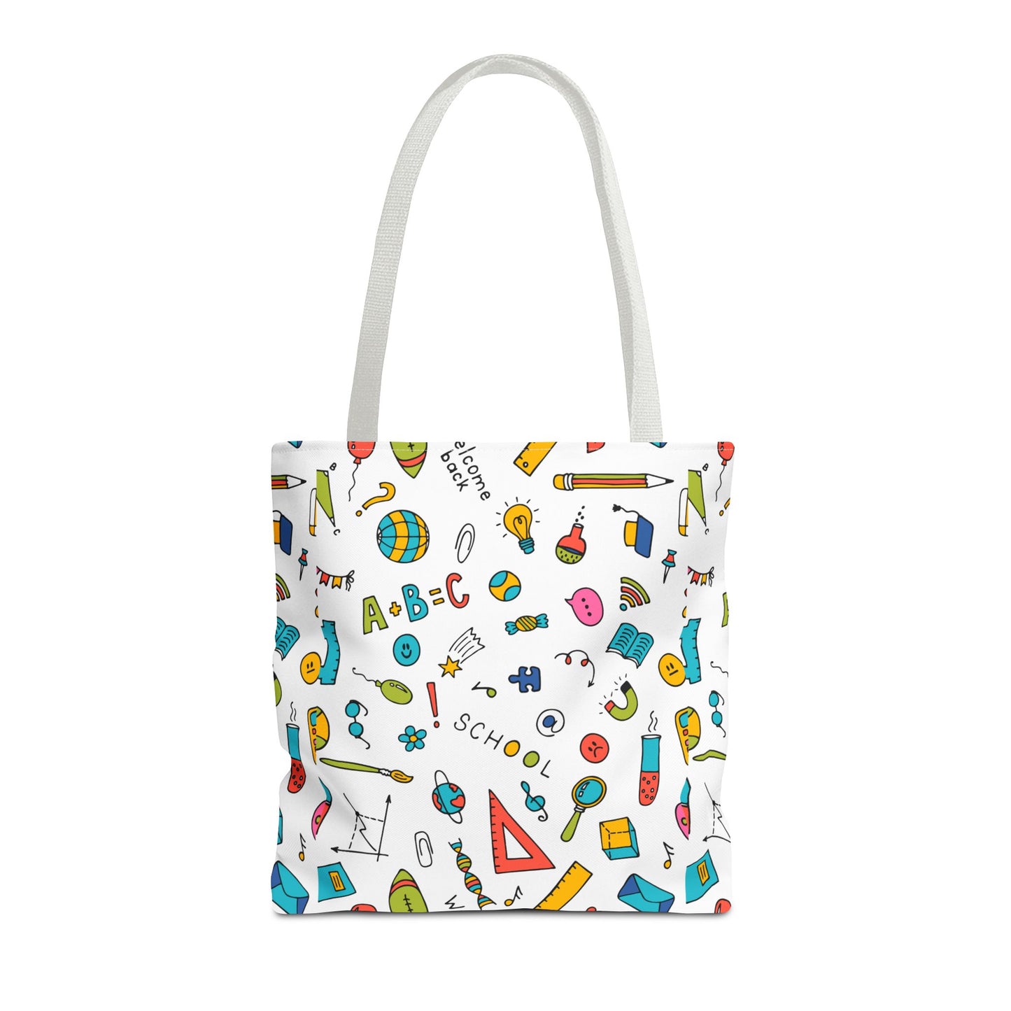 Back-to-School Doodle Print Tote Bag – Colorful School Supply Design in 3 Sizes