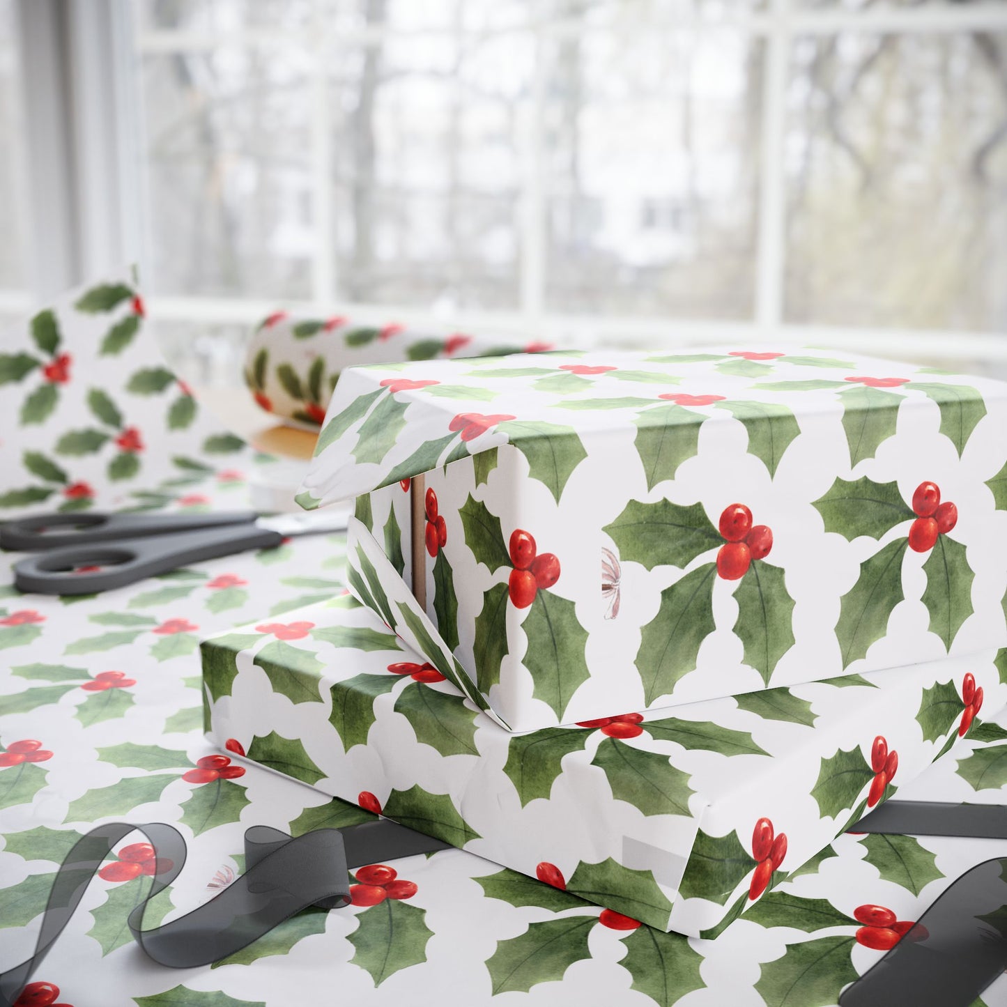Holly Berry Christmas Wrapping Paper : Elegant Holiday Gift Wrap with Festive Green & Red Design, Perfect for Christmas Gifts