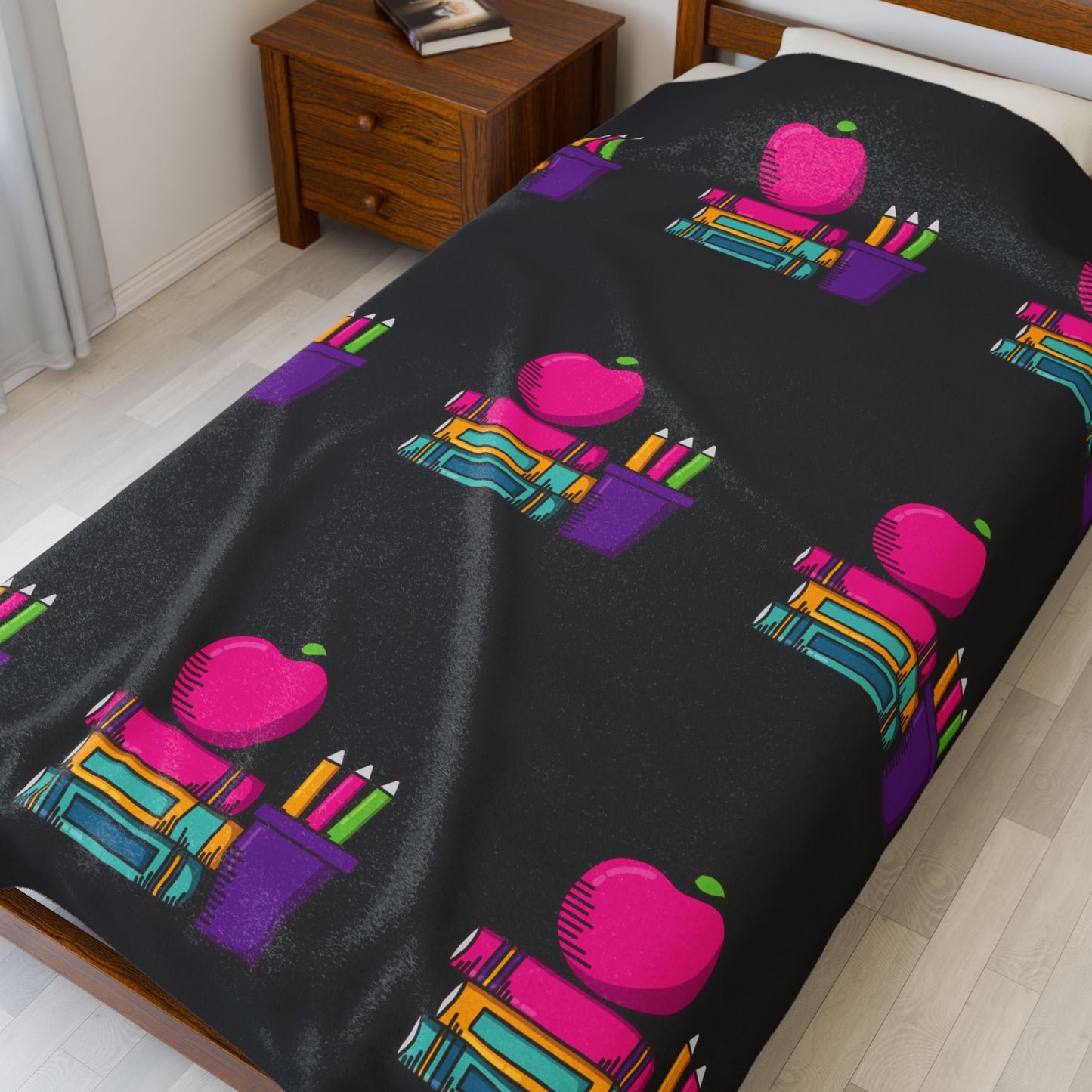 Black Back-to-School Apple & Books Blanket – Cozy Teacher Gift, Student Dorm Throw, Available in White or Black