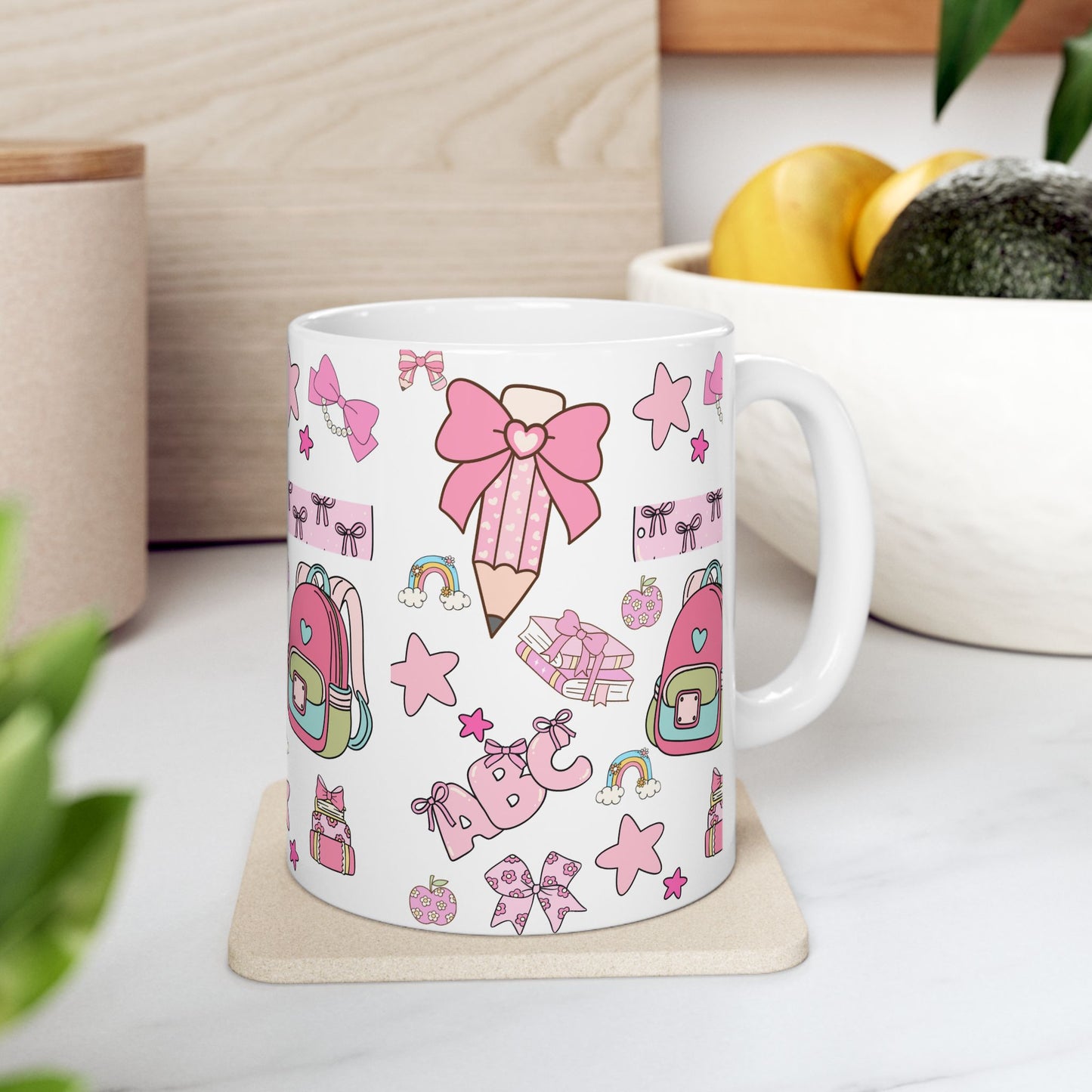 Kawaii Back-to-School Mug | Cute Pink Ceramic Coffee Cup in 11oz & 15oz | Matching School Set Gift