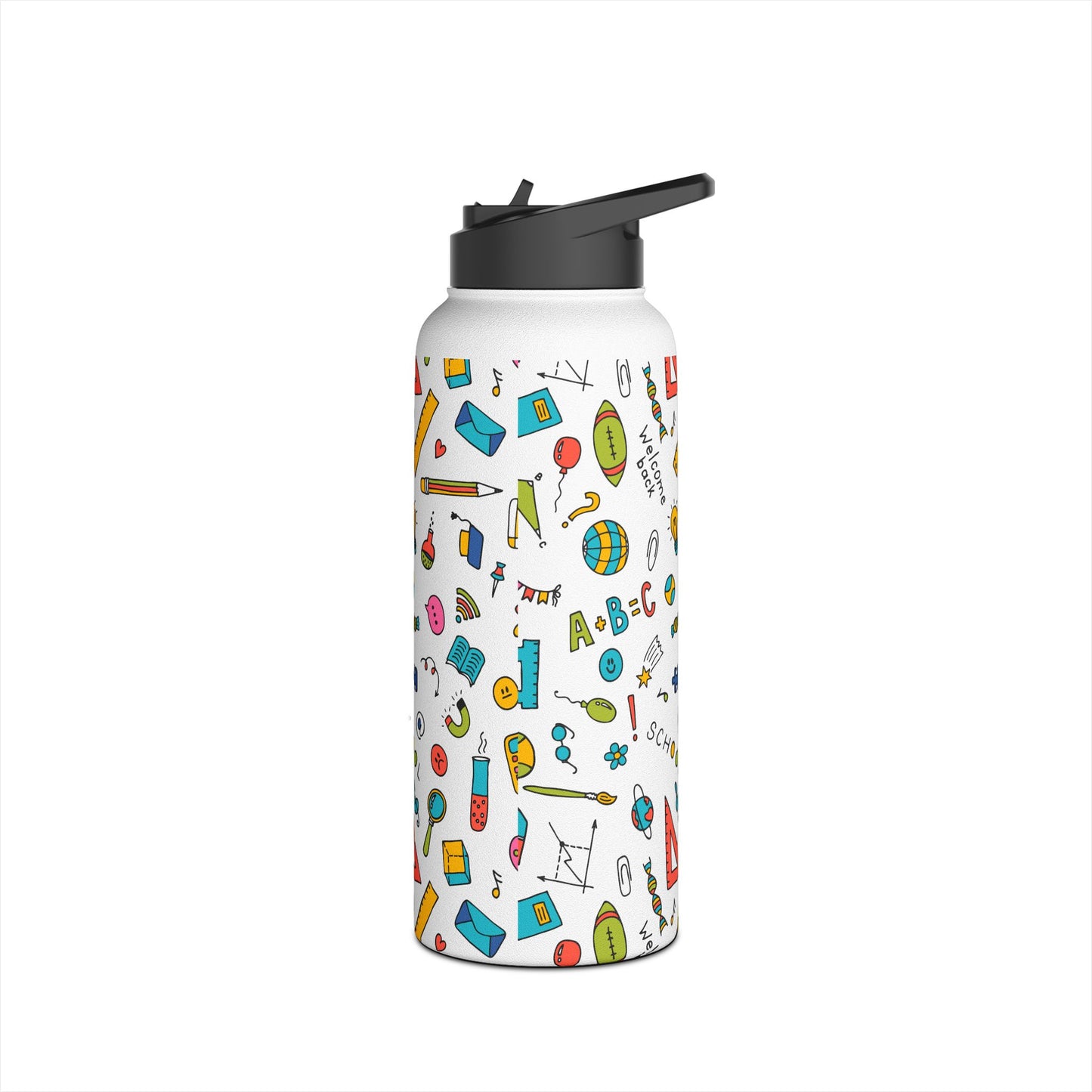 Back-to-School Stainless Steel Water Bottle – Colorful School Supplies Design, BPA-Free, 12oz/18oz/32oz