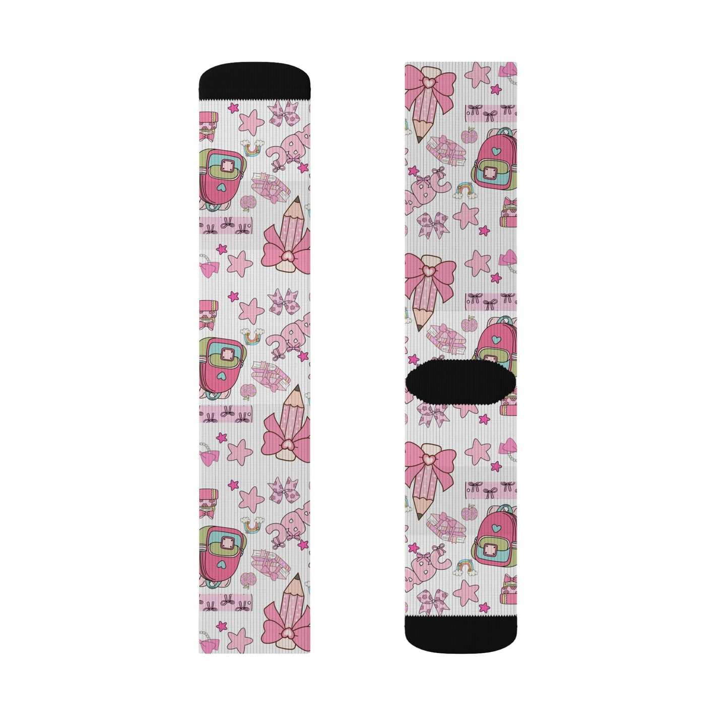 Back-to-School Pink Bow & Backpack Socks – Cute Unisex School Socks for Girls, Teens & Moms | ABC School Supply Print