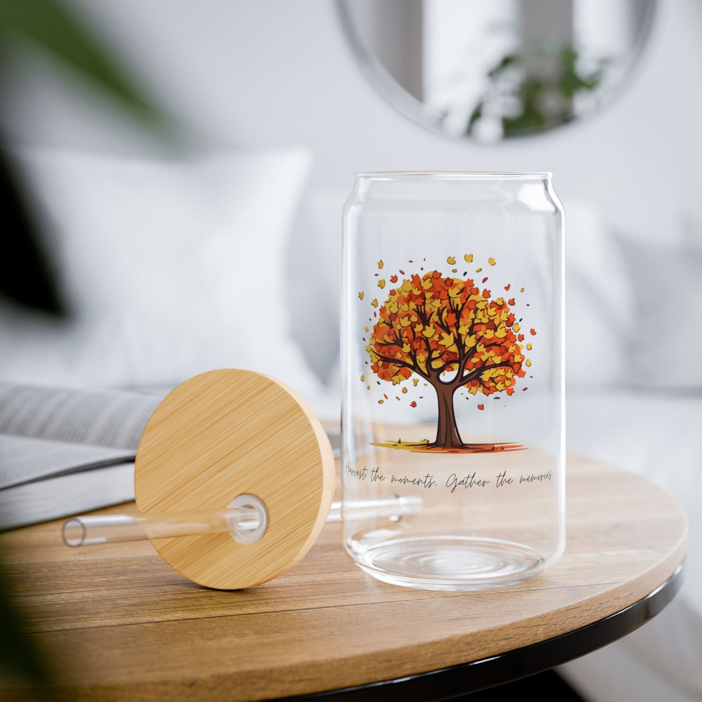 Harvest the Moments Sipper Glass - 16oz Clear Drinkware with Bamboo Lid - Perfect Fall & Thanksgiving Gift