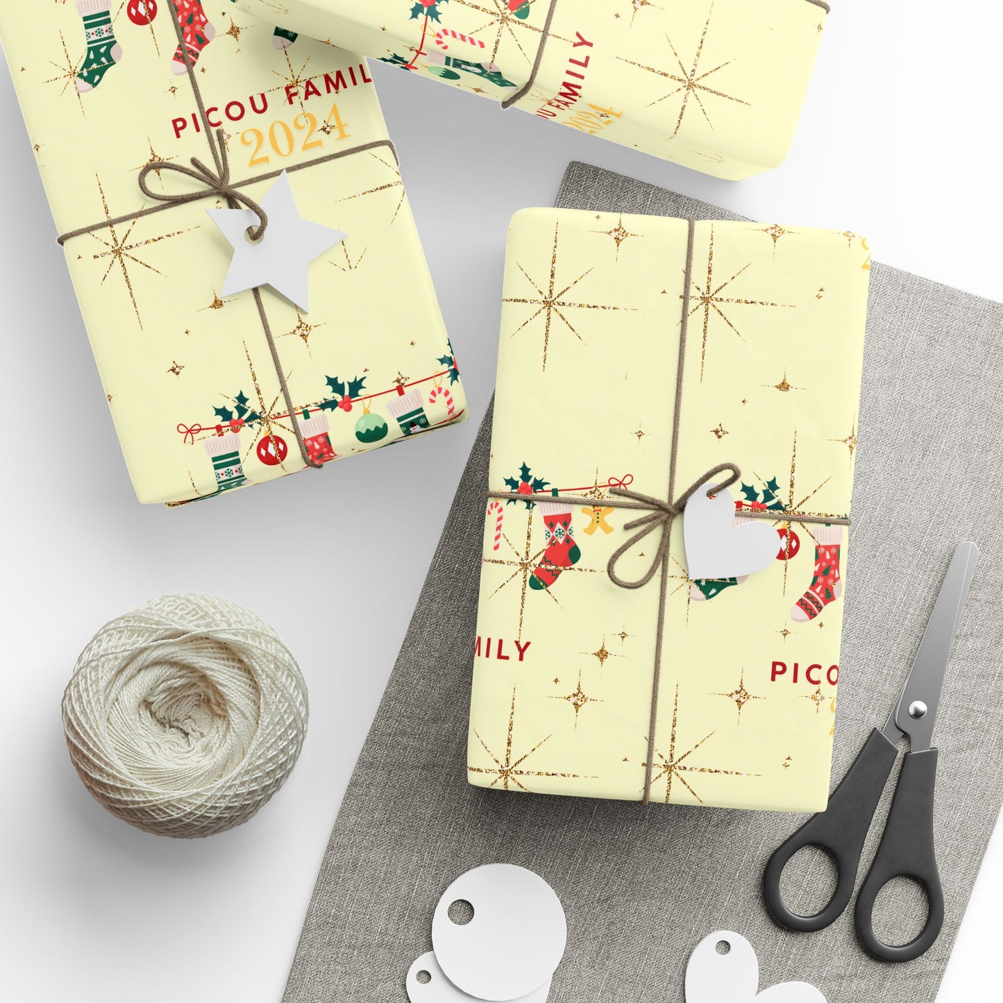 Personalized Christmas Wrapping Paper : Family Name Custom Holiday Gift Wrap 2024 - Festive Holiday Packaging with Gold Stars
