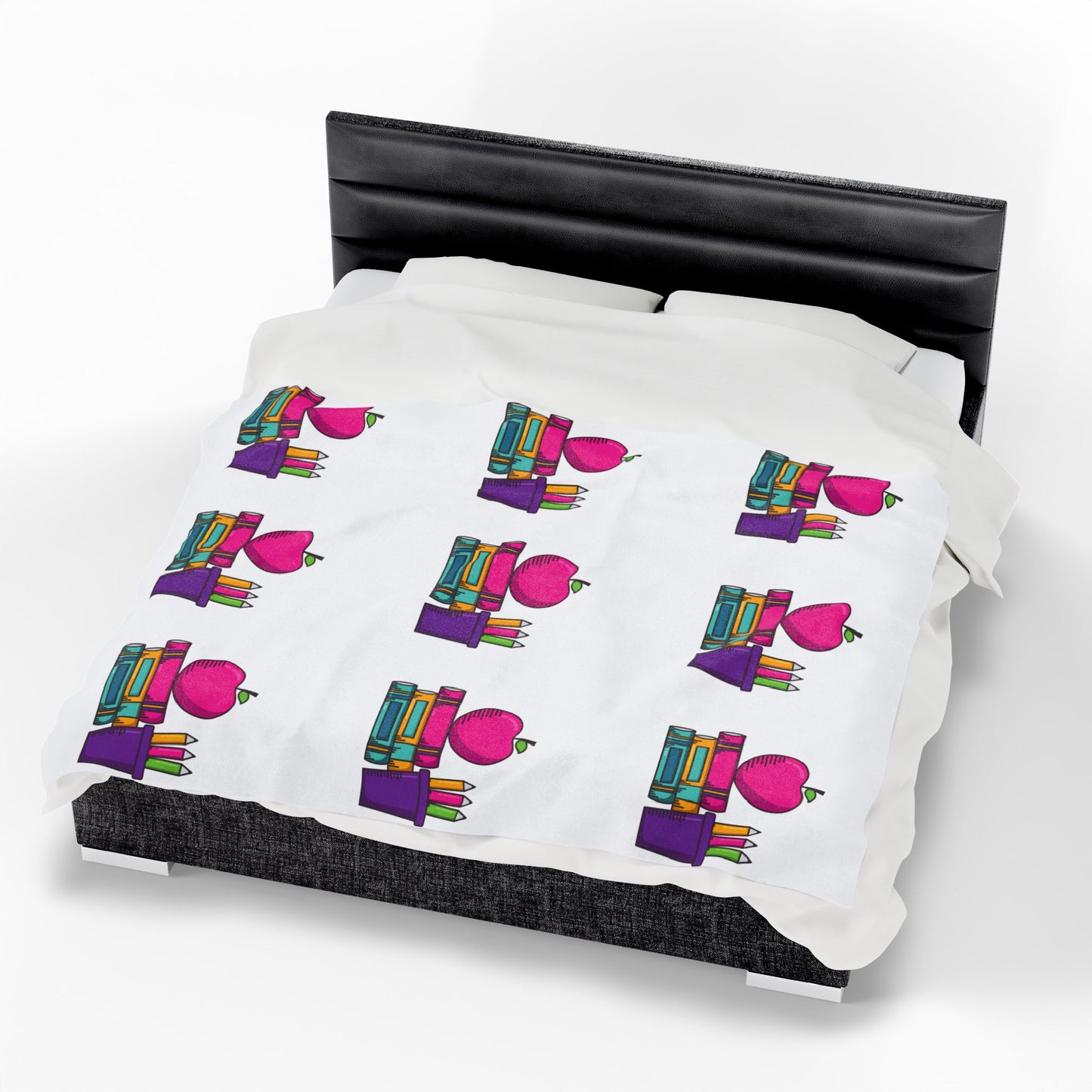 White Back-to-School Apple & Books Blanket – Cozy Teacher Gift, Student Dorm Throw, Available in White or Black