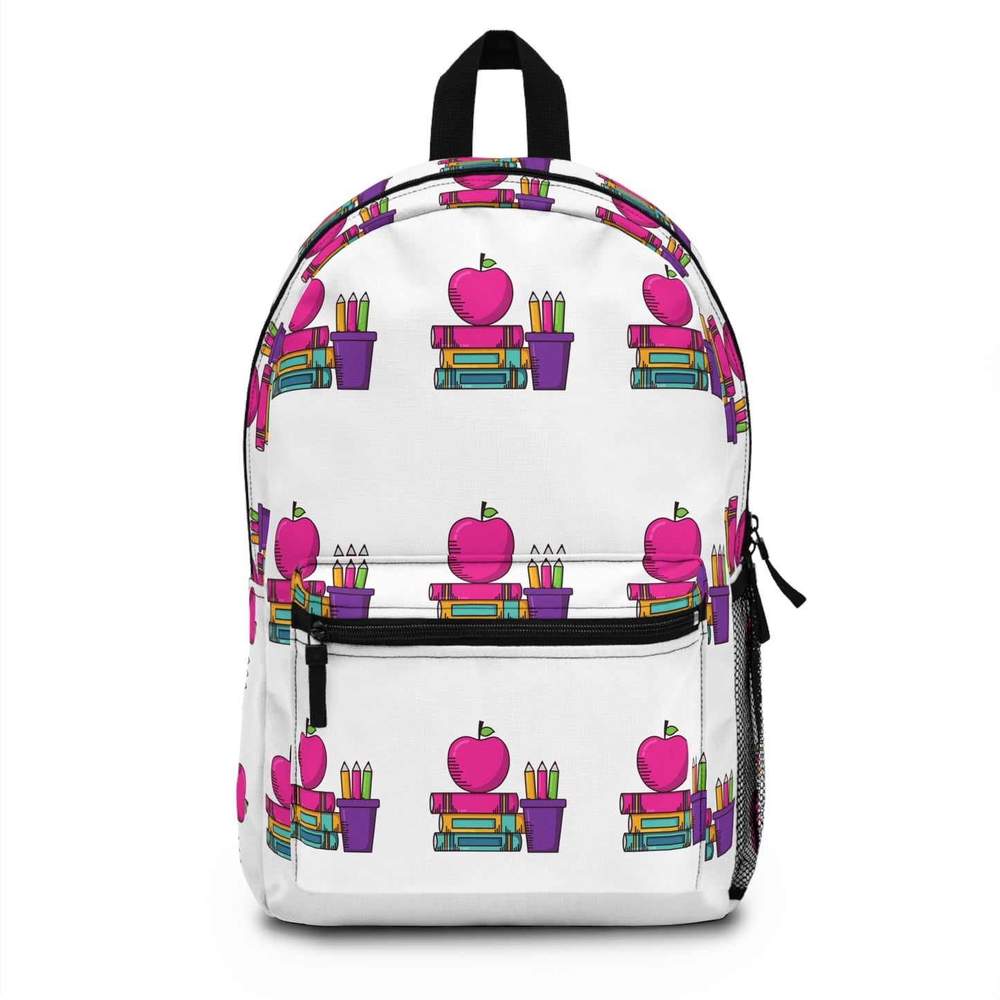 Colorful Back-to-School Kids Backpack – Pink Apple & Crayons Pattern