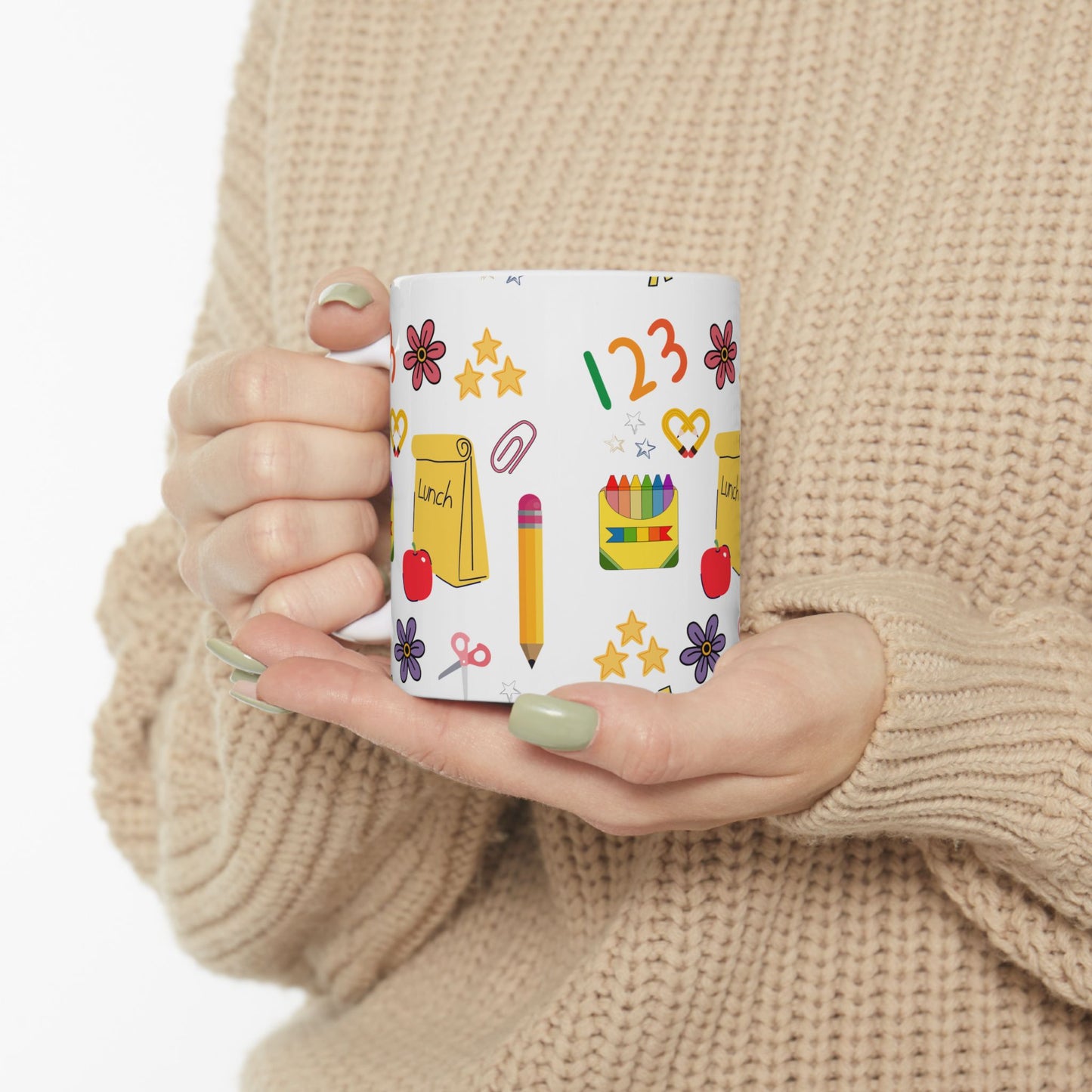 Back to School Teacher Mug – Cute Apple, Lunch & Crayon Design – Ceramic Coffee Cup in 11oz or 15oz – Teacher Gift for Women or Moms