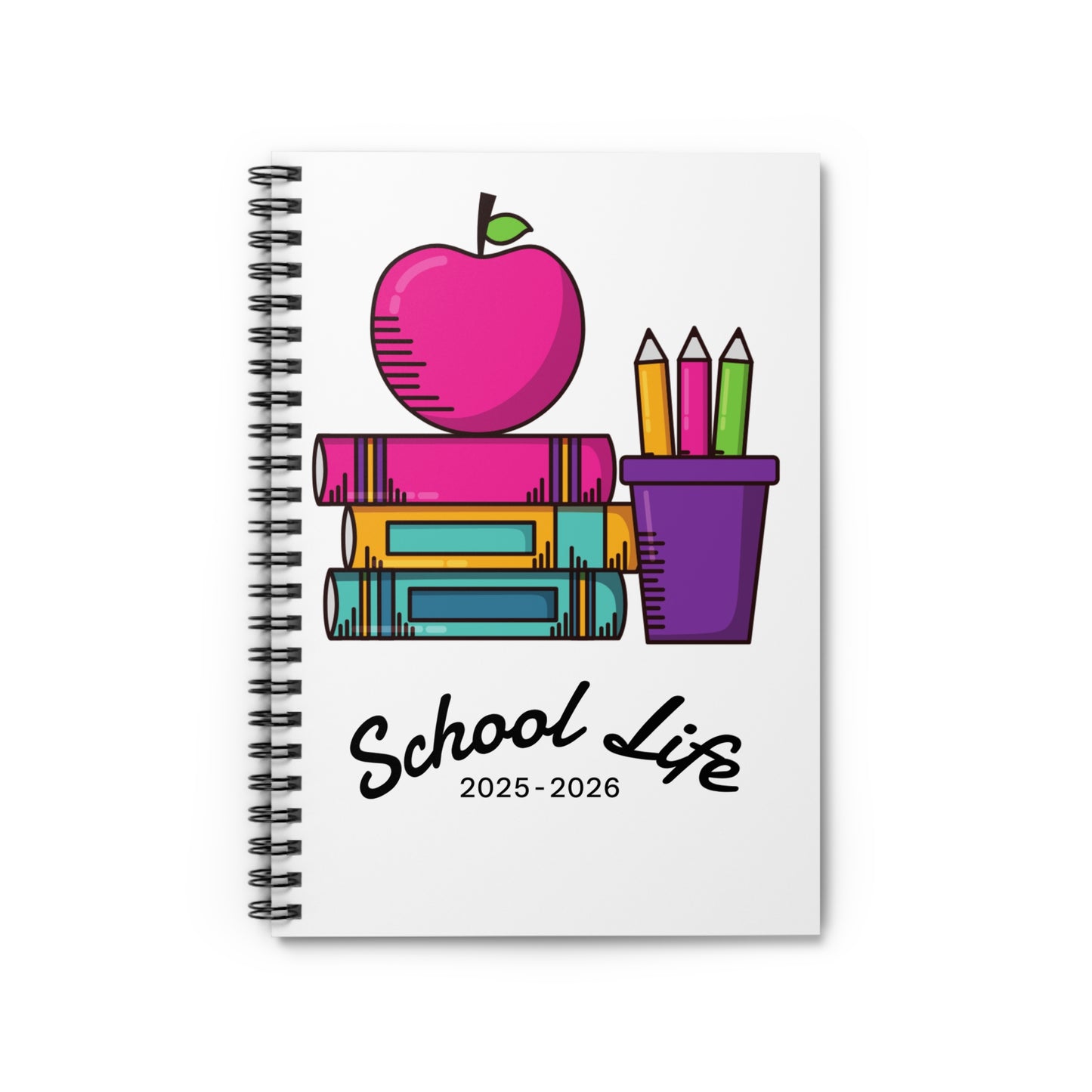 School Life 2025-2026 Spiral Notebook – Cute Pink Apple & Book Design for Students & Teachers