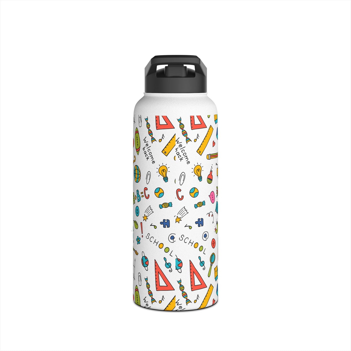 Back-to-School Stainless Steel Water Bottle – Colorful School Supplies Design, BPA-Free, 12oz/18oz/32oz
