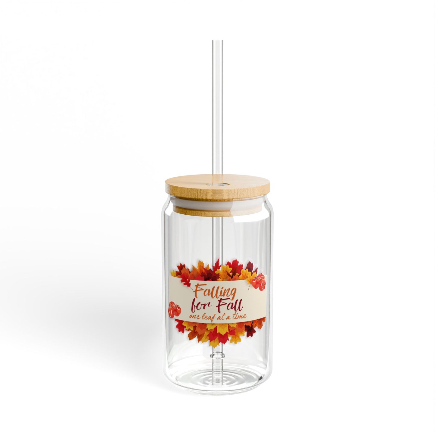 "Falling for Fall" 16oz Sipper Glass – Stylish Autumn Drinkware with Bamboo Lid & Straw – Perfect for Seasonal Sips & Thanksgiving Gatherings