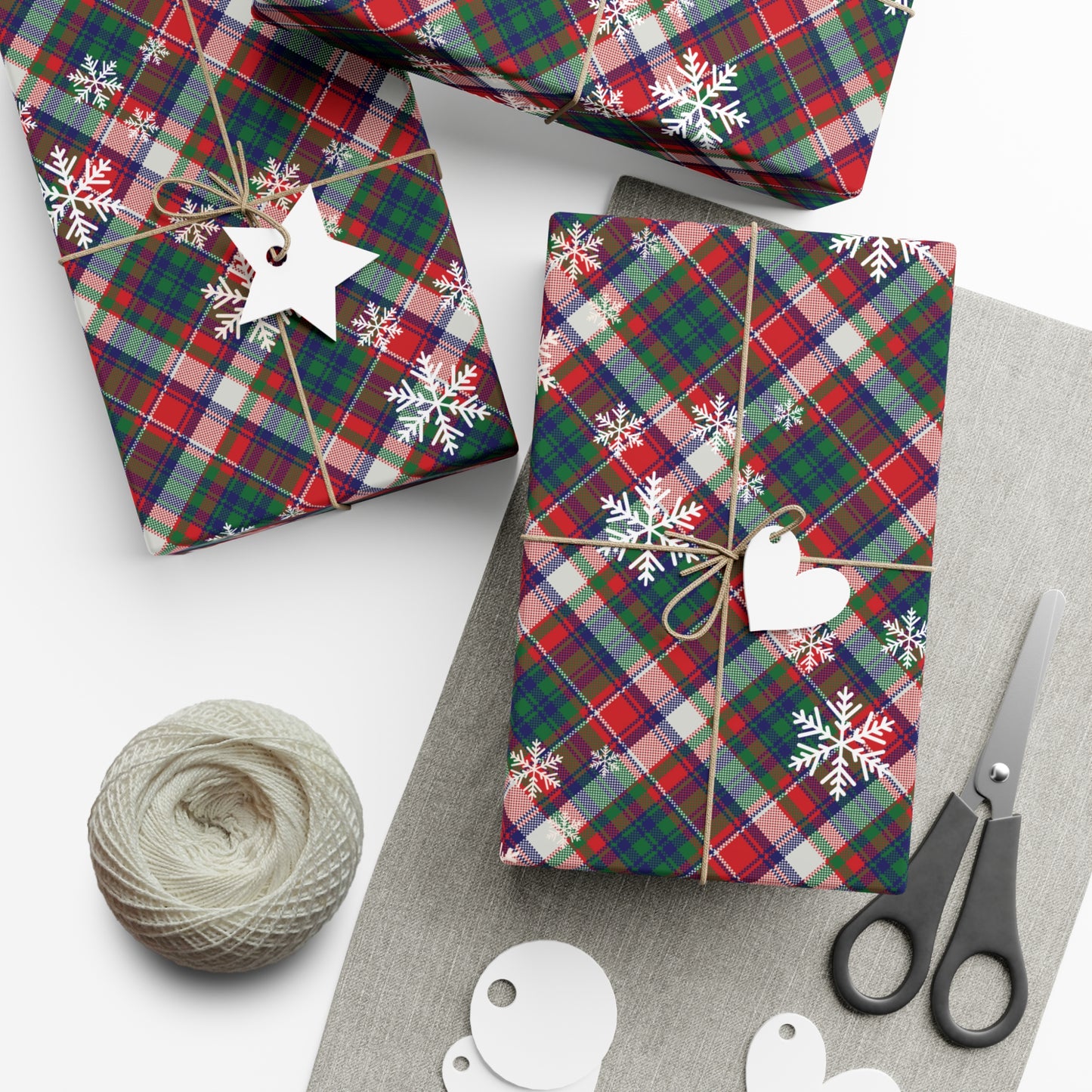 Plaid Christmas Wrapping Paper with Snowflakes : Festive Matte or Satin Gift Wrap