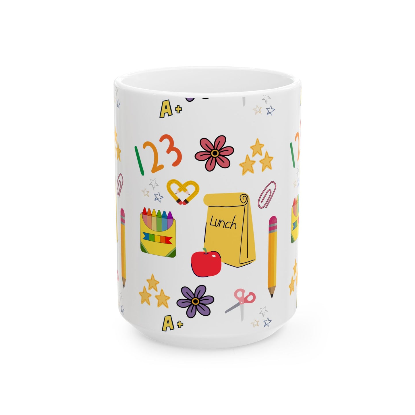Back to School Teacher Mug – Cute Apple, Lunch & Crayon Design – Ceramic Coffee Cup in 11oz or 15oz – Teacher Gift for Women or Moms