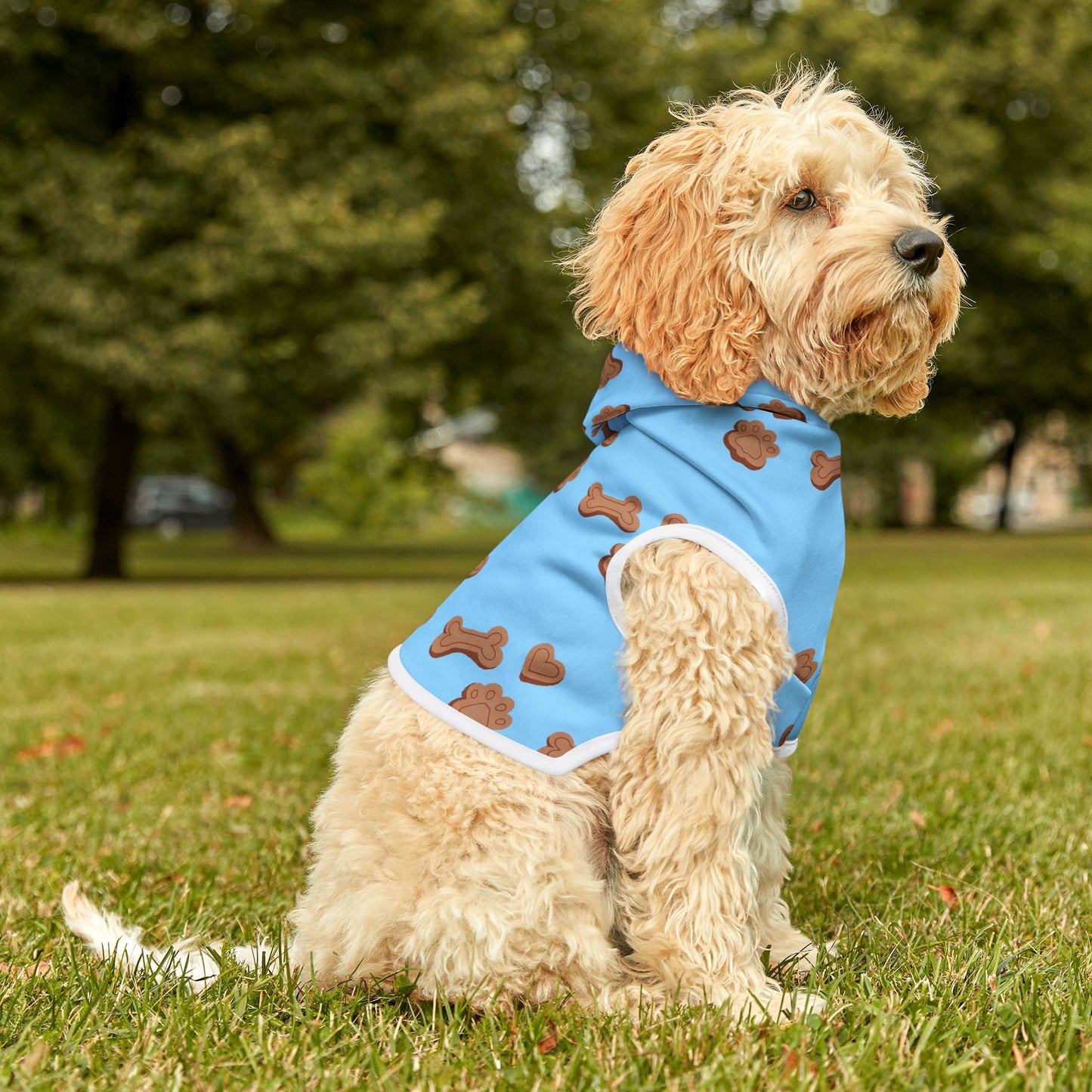 Dog Mom Must-Have: Cute Blue Pet Hoodie with Paw & Bone Pattern