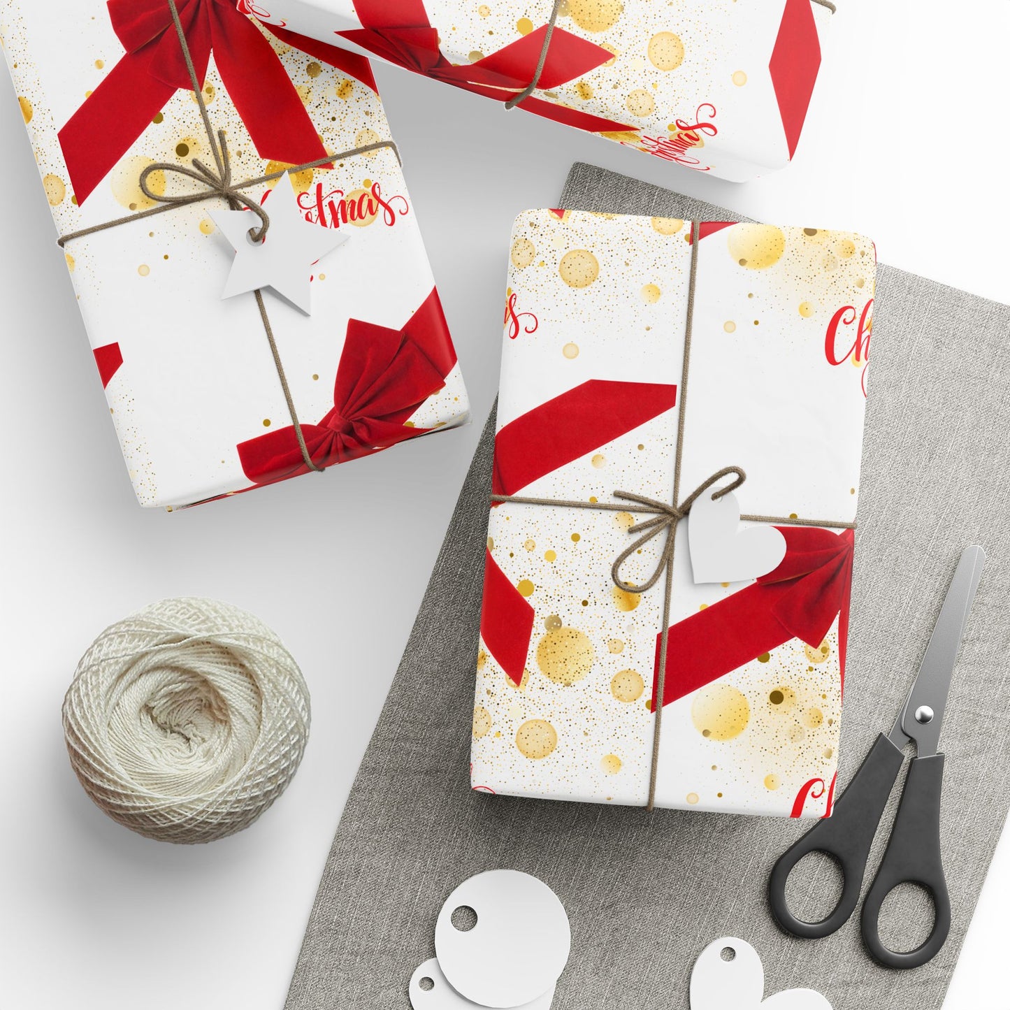 Red Ribbon Christmas Wrapping Paper : Elegant Holiday Gift Wrap with Gold Accents and Festive Script, Perfect for Christmas Gifts