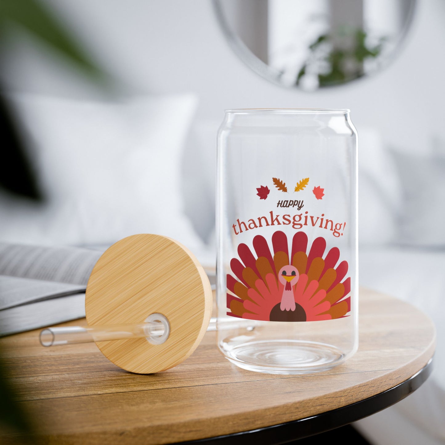 Happy Thanksgiving Sipper Glass - Fun 16oz Turkey Design with Bamboo Lid & Straw for Holiday Celebrations