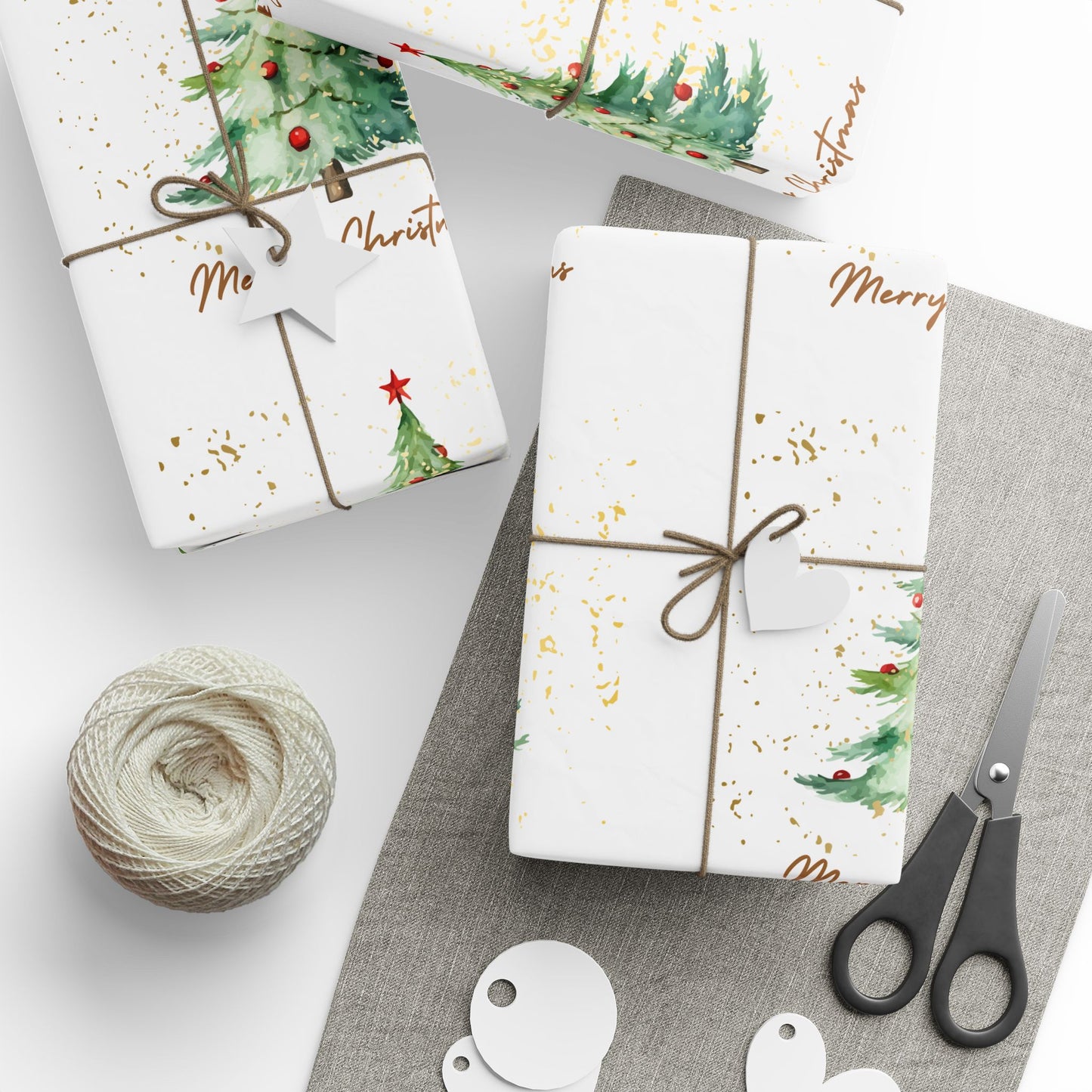 Glossy Merry Christmas Wrapping Paper with Watercolor Tree Design - Elegant Holiday Gift Wrap with Gold Accents