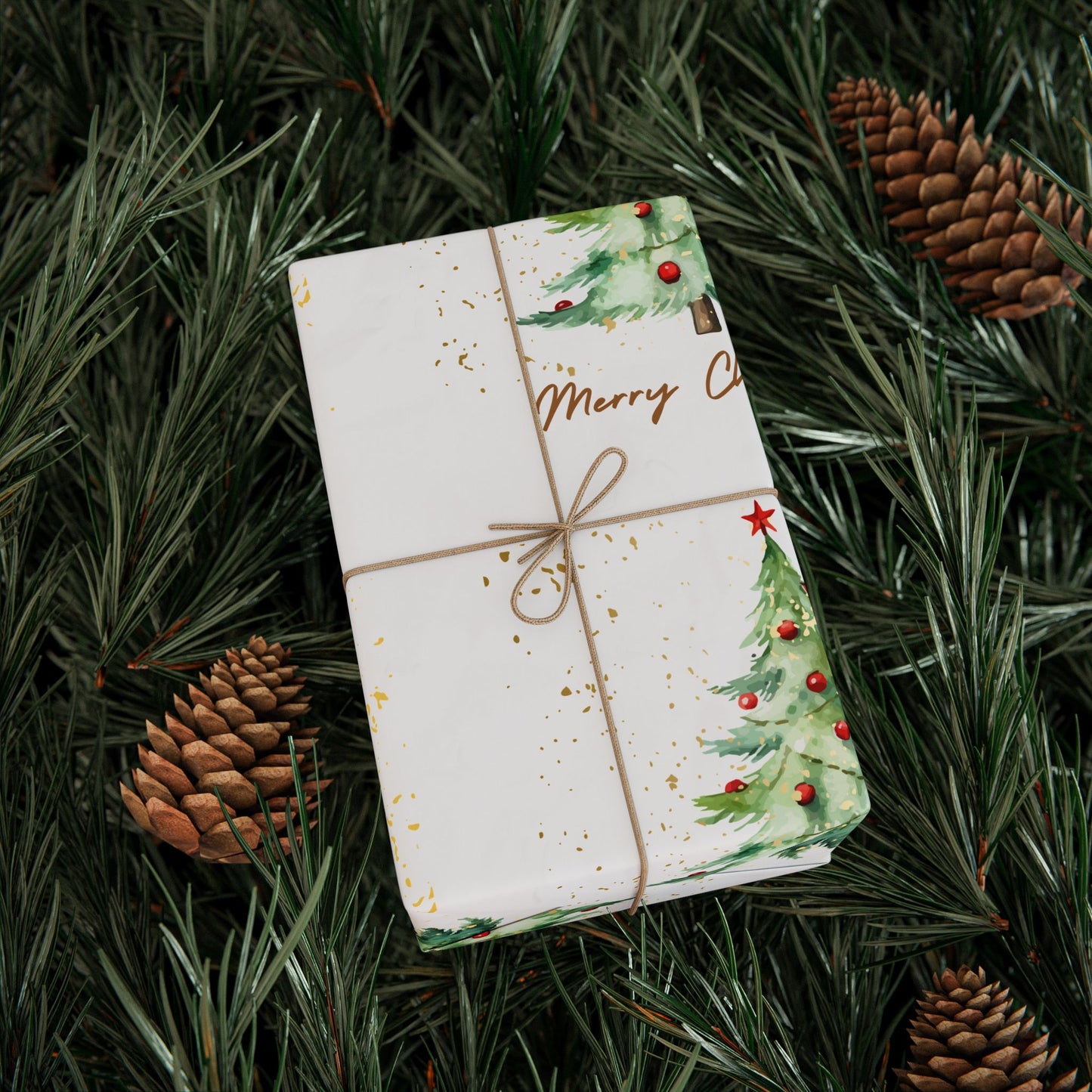 Glossy Merry Christmas Wrapping Paper with Watercolor Tree Design - Elegant Holiday Gift Wrap with Gold Accents