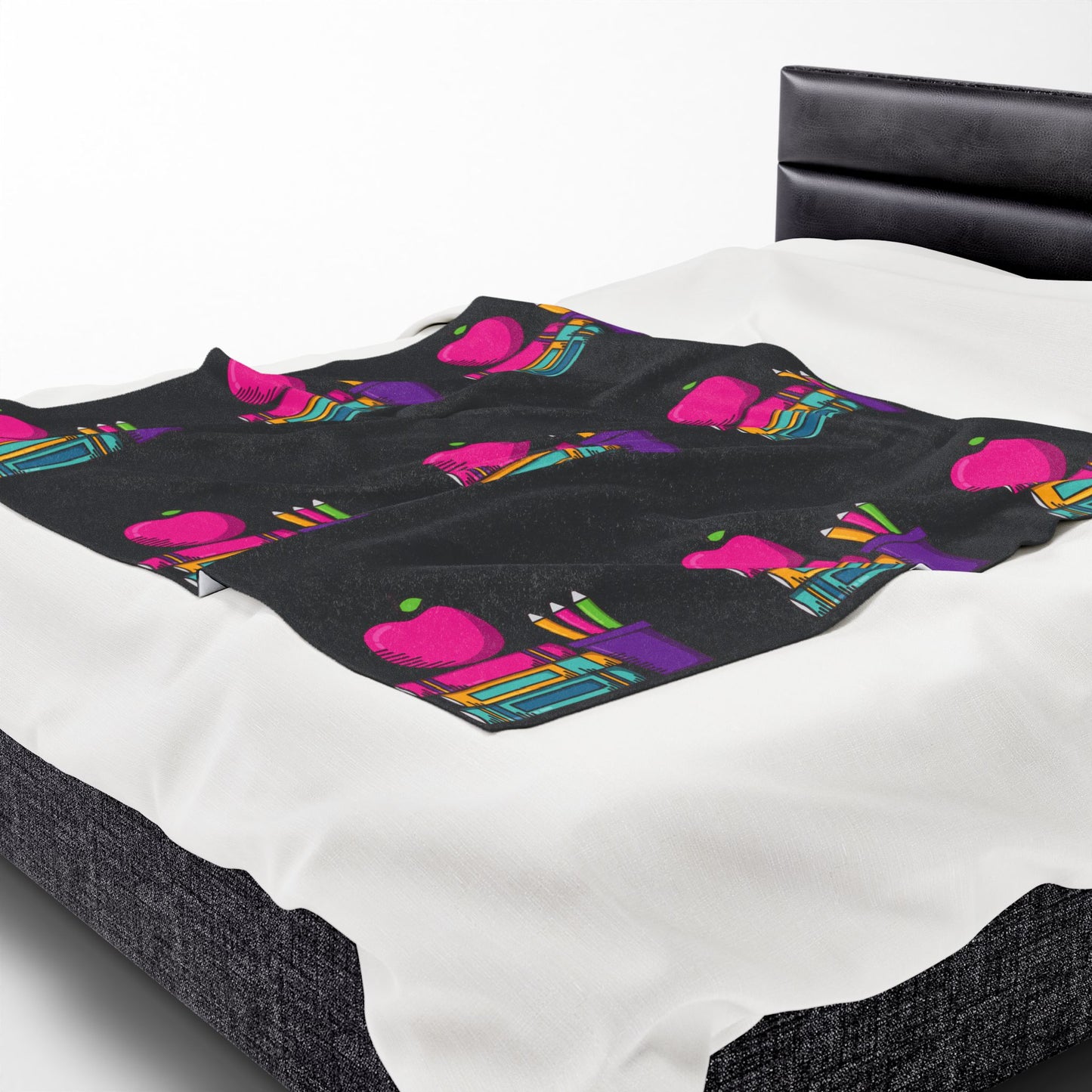 Black Back-to-School Apple & Books Blanket – Cozy Teacher Gift, Student Dorm Throw, Available in White or Black