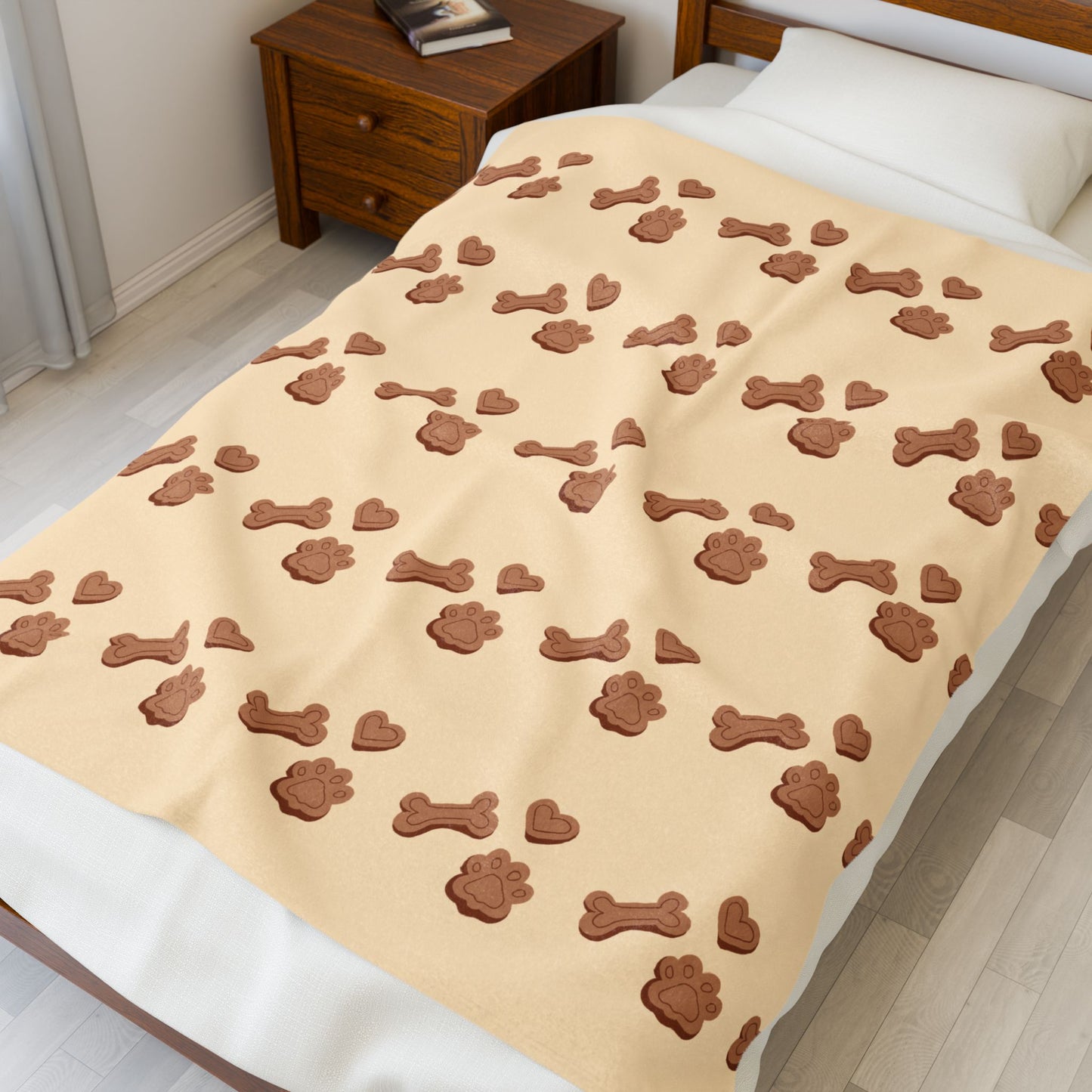 Dog Mom Cozy Blanket - Plush Beige Velveteen Throw with Paw & Bone Print (3 Sizes)