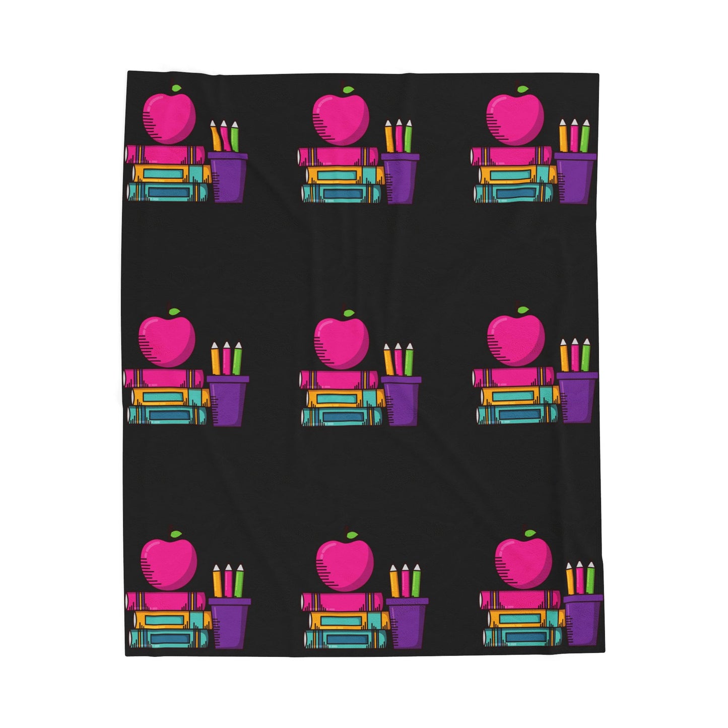 Black Back-to-School Apple & Books Blanket – Cozy Teacher Gift, Student Dorm Throw, Available in White or Black