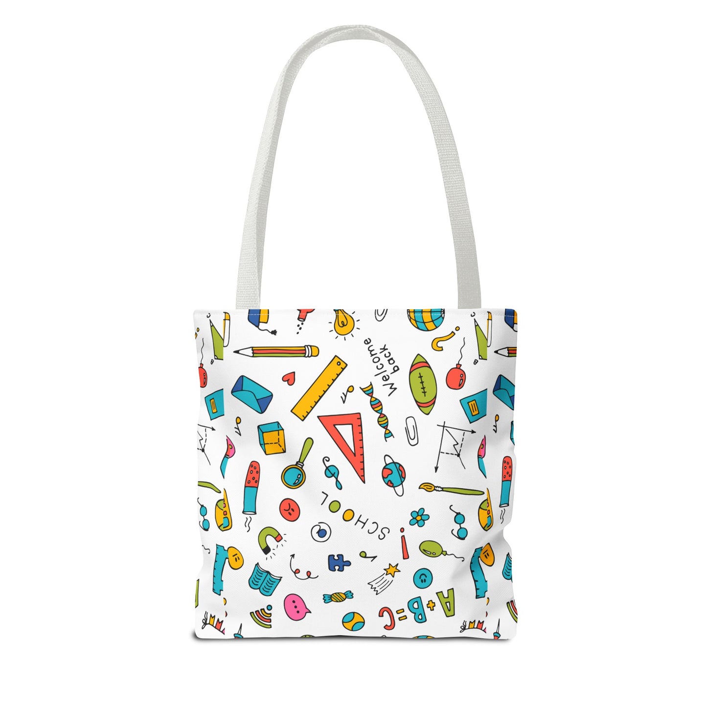 Back-to-School Doodle Print Tote Bag – Colorful School Supply Design in 3 Sizes
