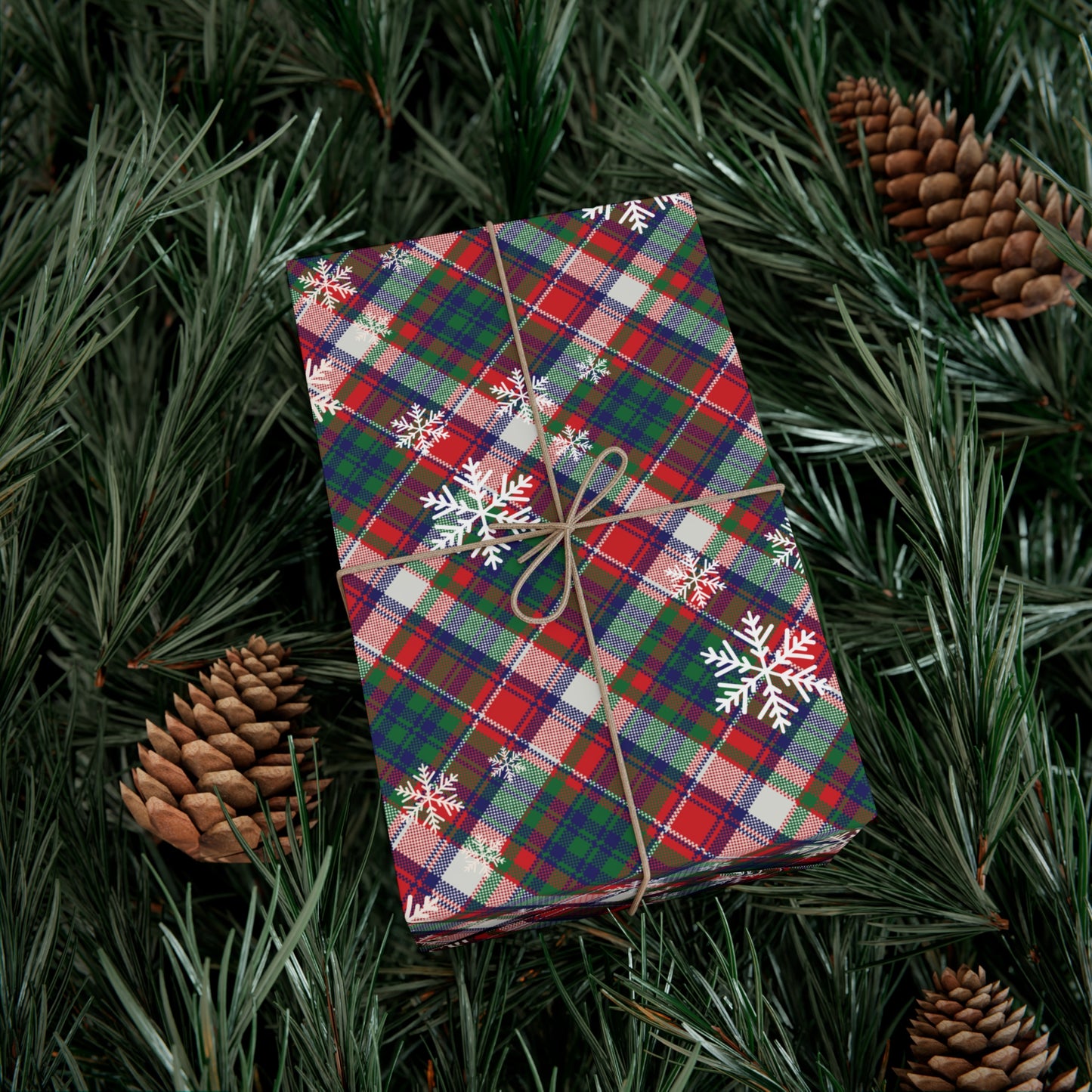 Plaid Christmas Wrapping Paper with Snowflakes : Festive Matte or Satin Gift Wrap