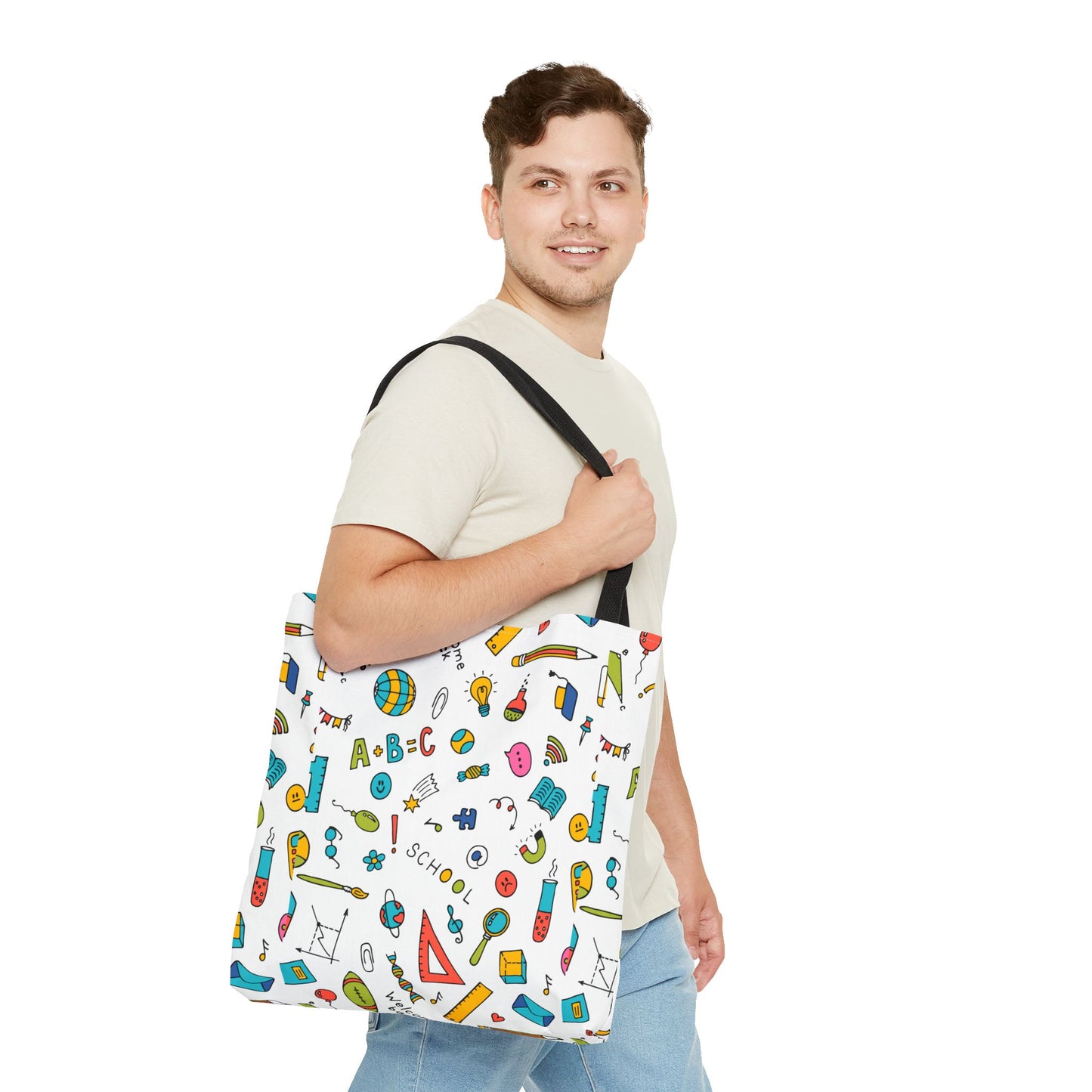 Back-to-School Doodle Print Tote Bag – Colorful School Supply Design in 3 Sizes