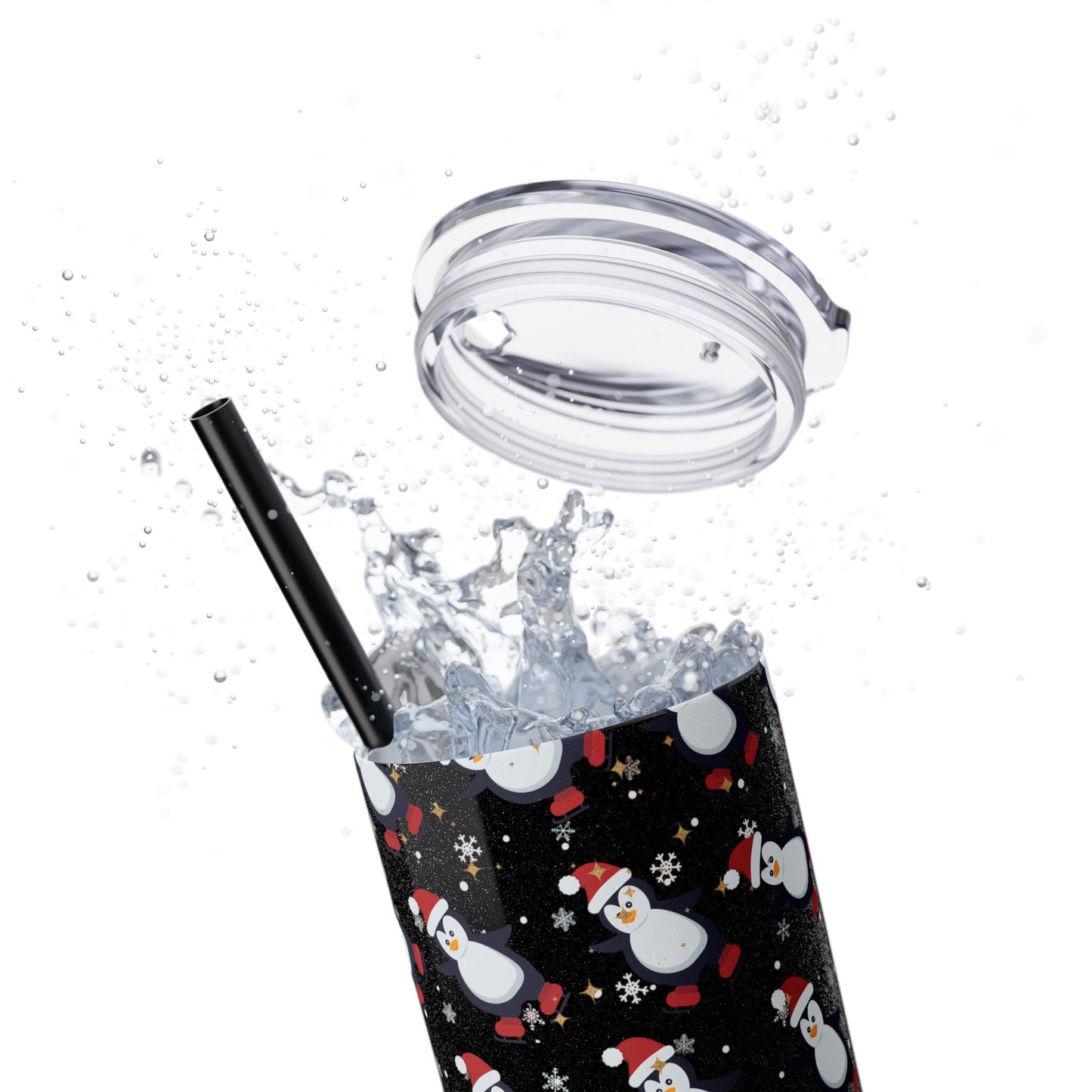 Black Glitter Penguin Skinny Tumbler 20oz | Festive Insulated Drinkware