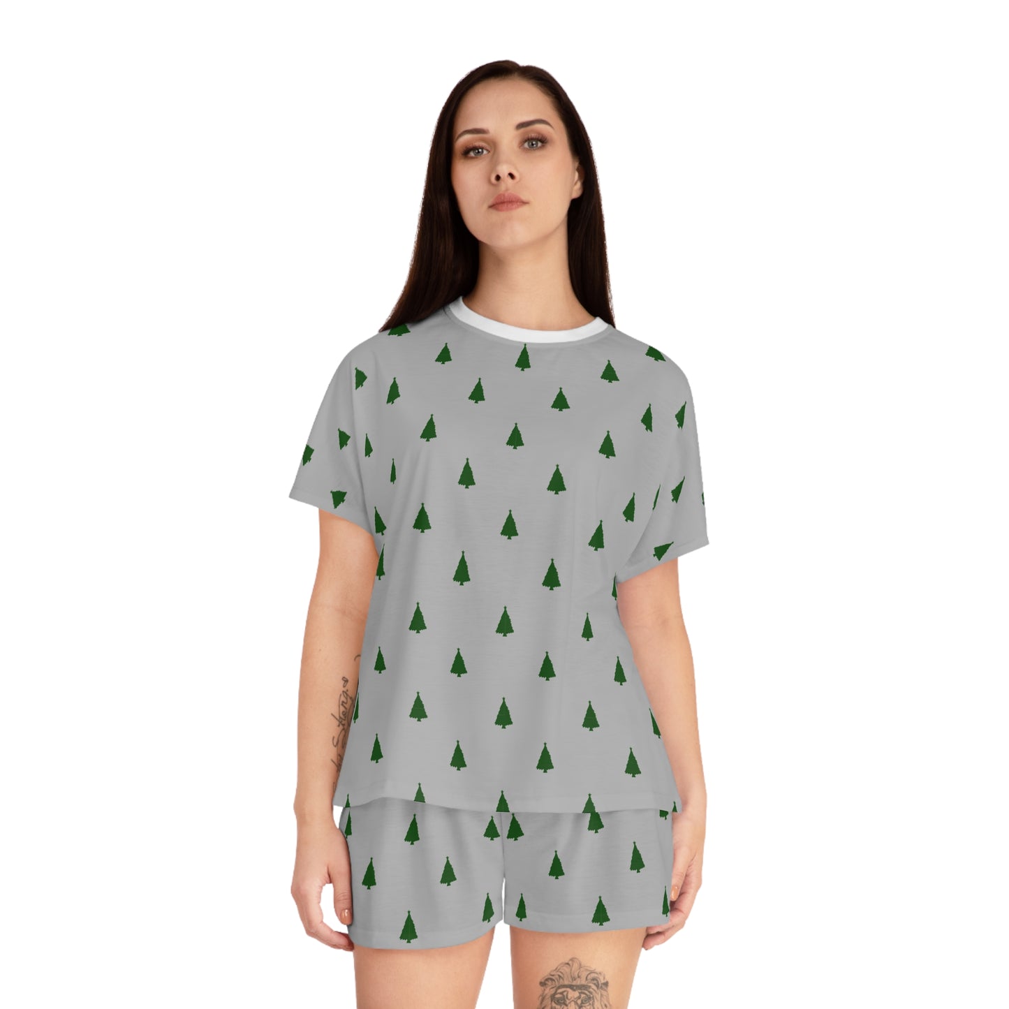 Grey Christmas Tree Pajama Set for Women - Minimalist Two-Piece Holiday Sleepwear - Cozy Winter Gift Idea