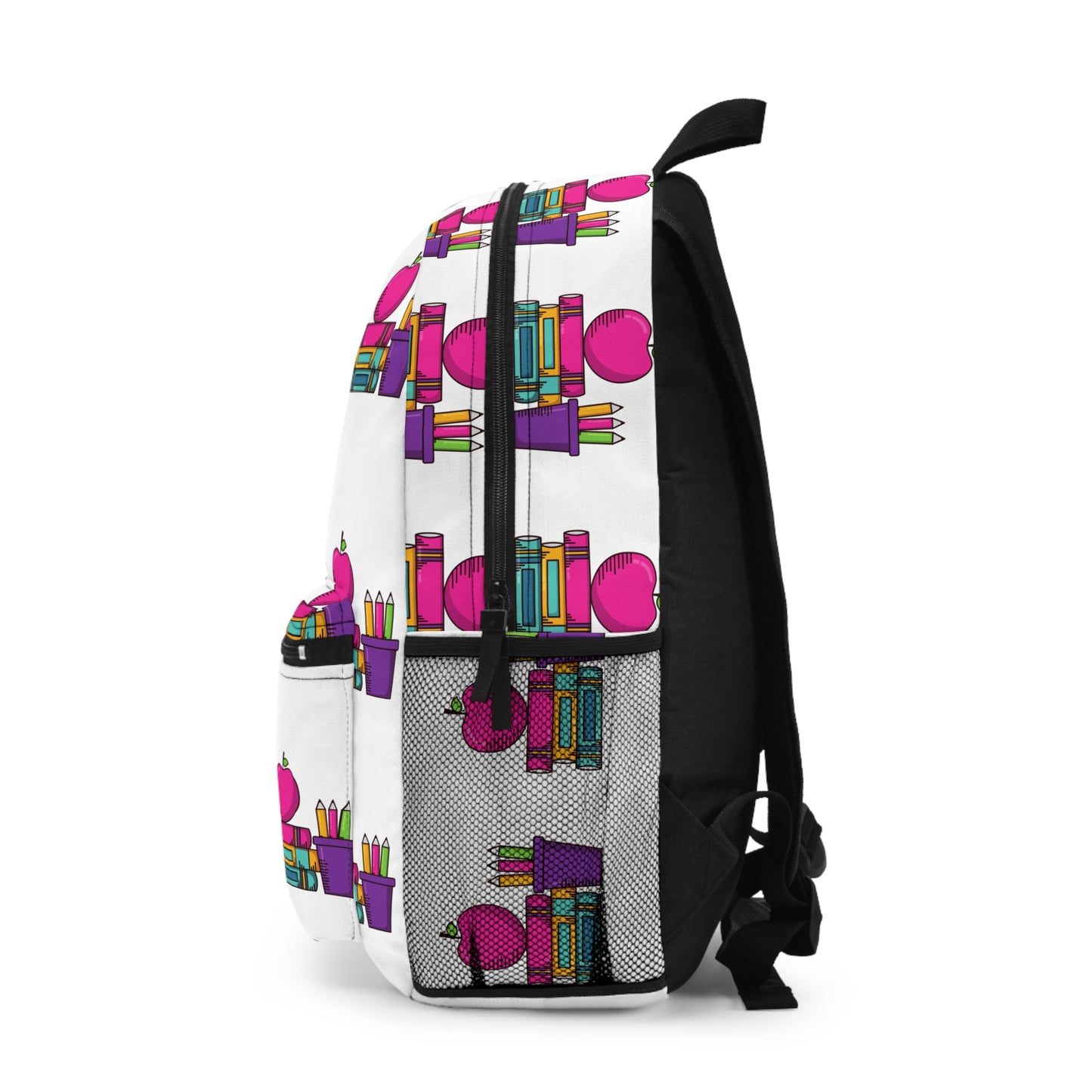 Colorful Back-to-School Kids Backpack – Pink Apple & Crayons Pattern