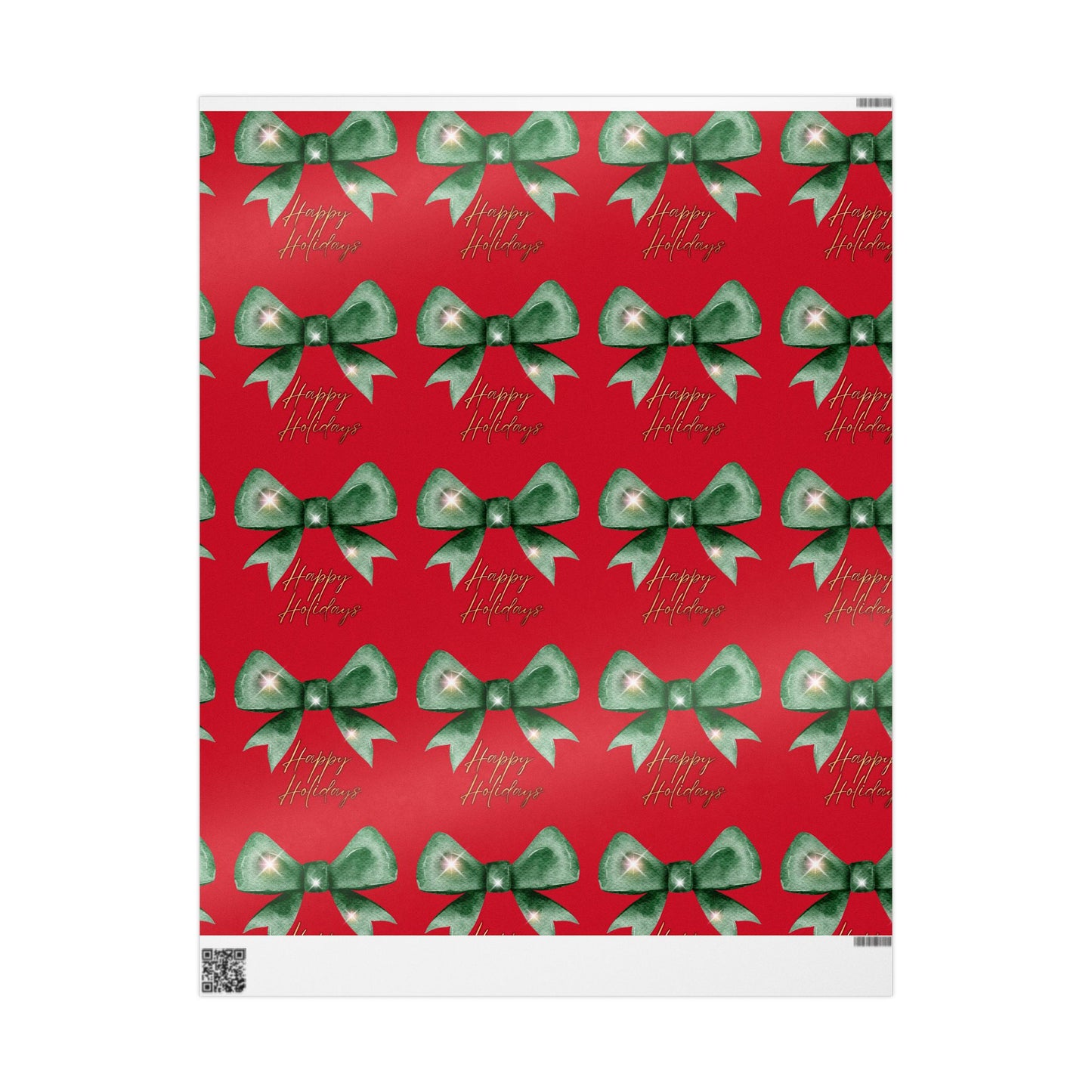 Festive Red Bow Wrapping Paper : Elegant Holiday Gift Wrap with Green Bow & 'Happy Holidays' Script, Perfect for Christmas Gifts