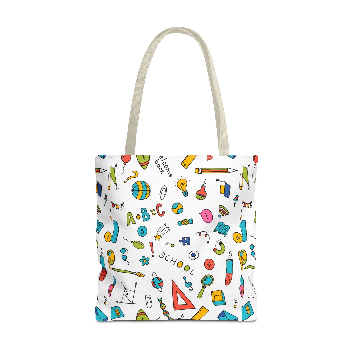 Back-to-School Doodle Print Tote Bag – Colorful School Supply Design in 3 Sizes