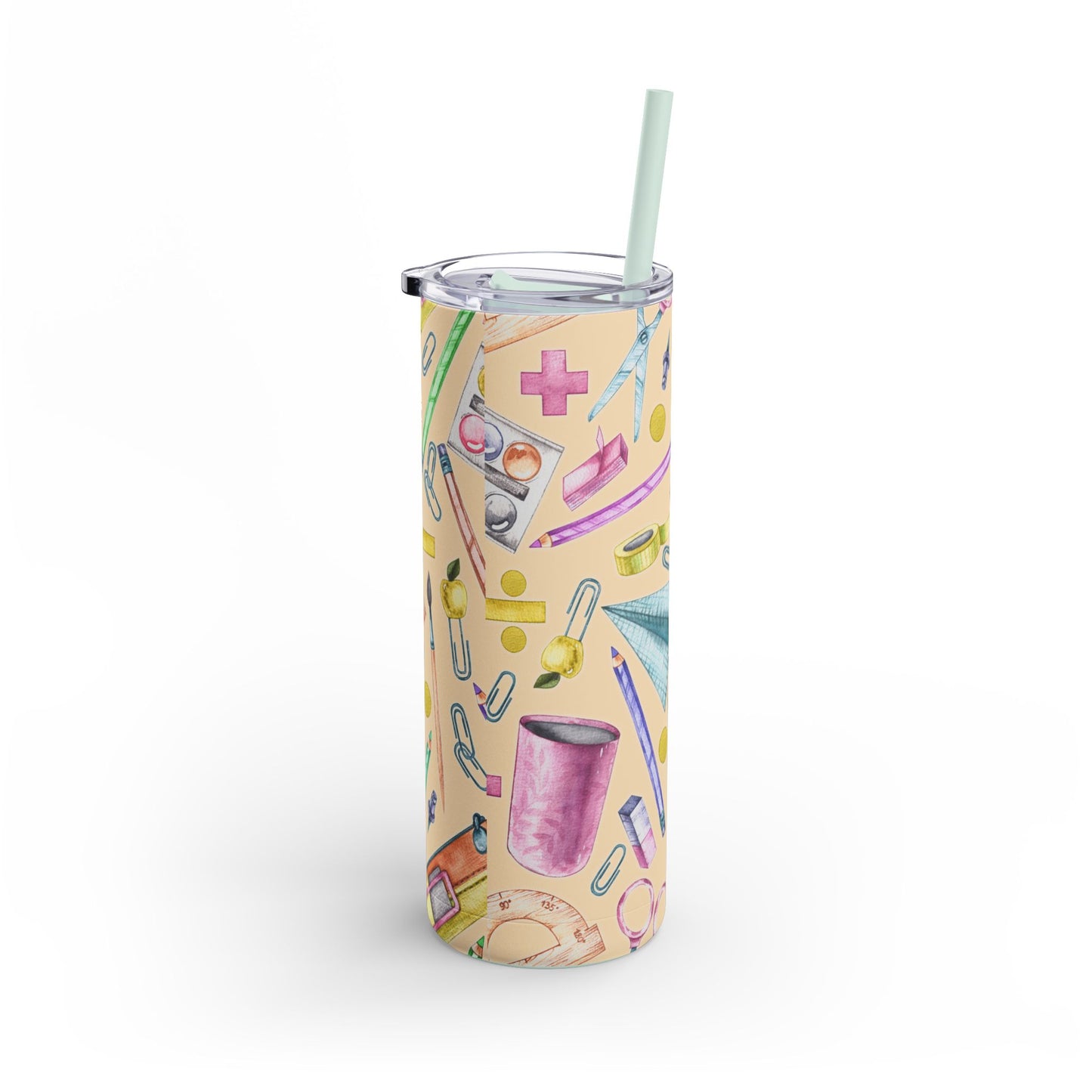 Back-to-School 20oz Skinny Tumbler – Colorful School Supplies Design, Insulated Stainless Steel Travel Cup with Straw