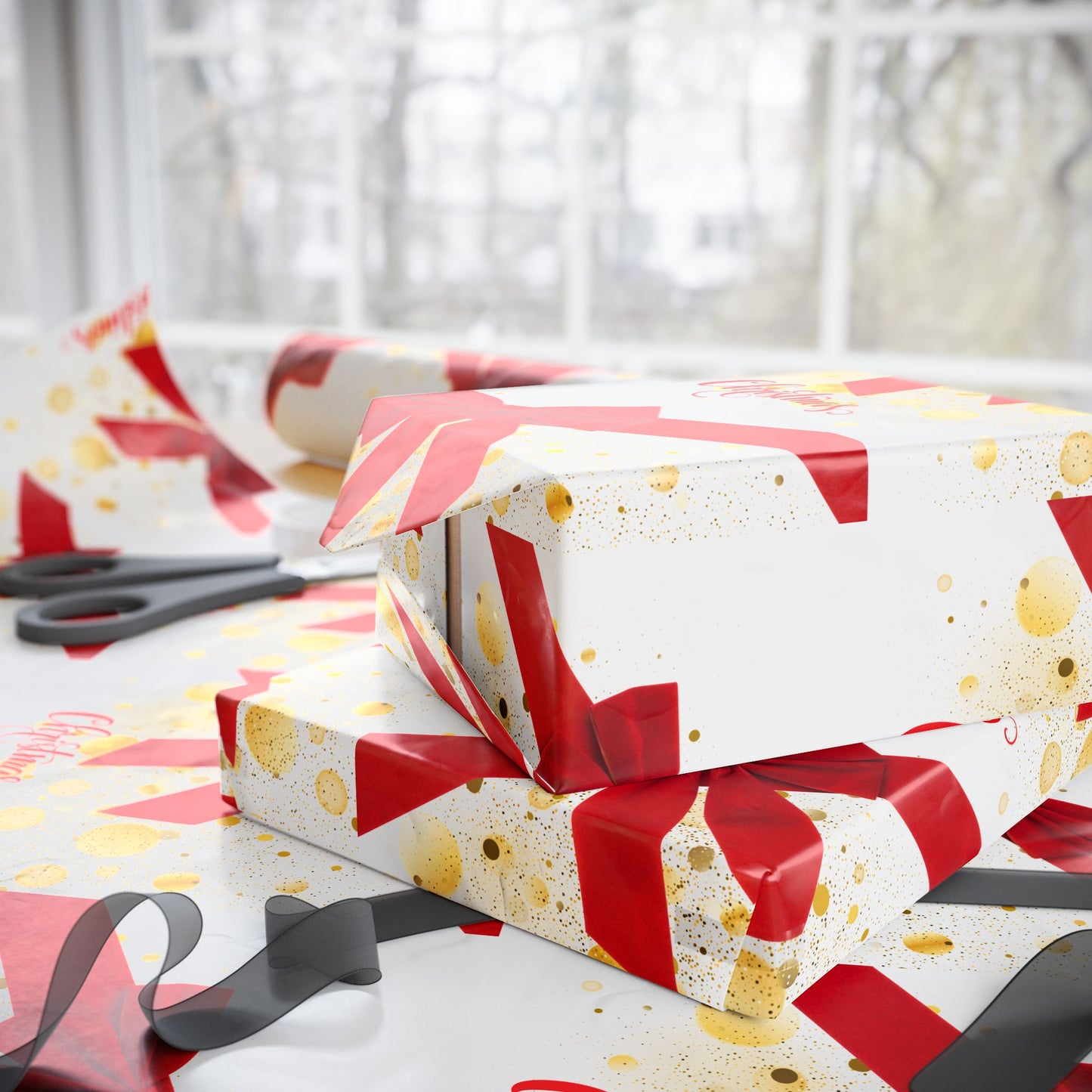 Red Ribbon Christmas Wrapping Paper : Elegant Holiday Gift Wrap with Gold Accents and Festive Script, Perfect for Christmas Gifts