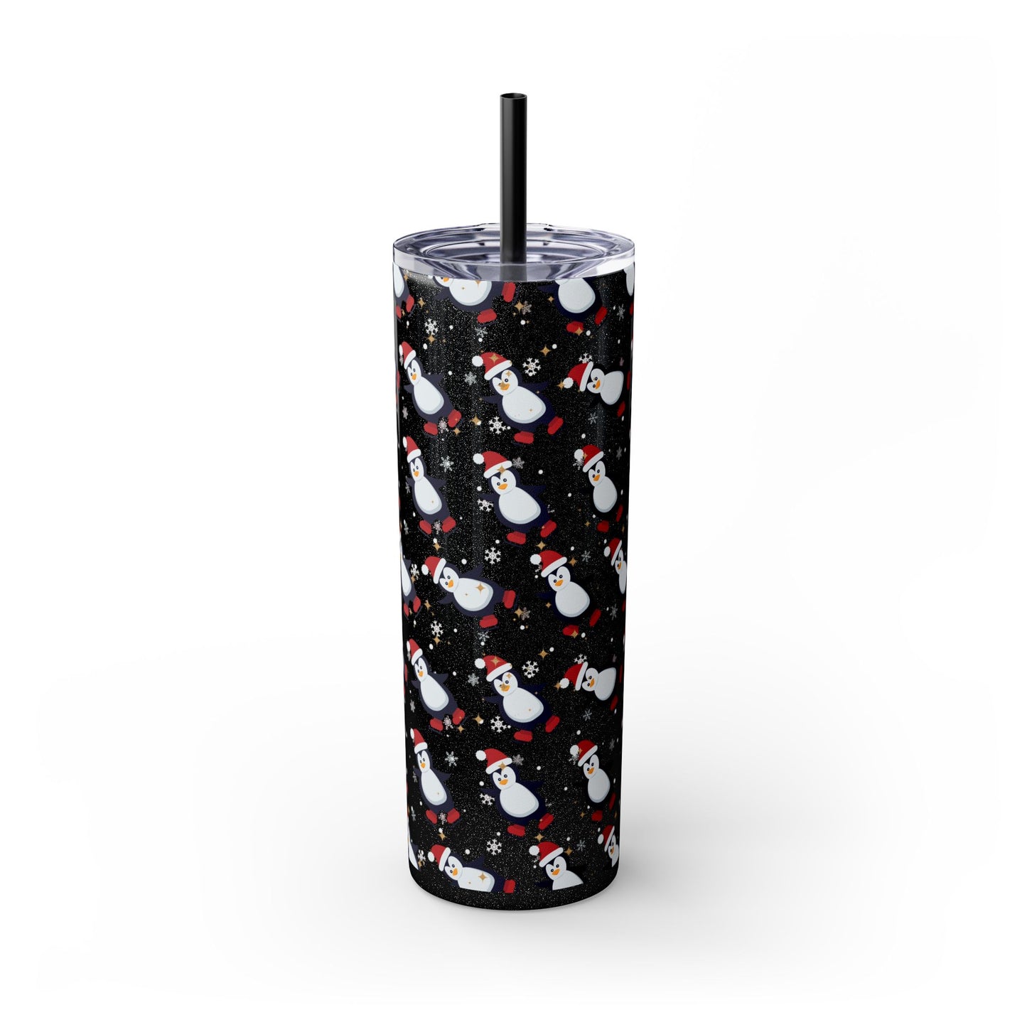 Black Glitter Penguin Skinny Tumbler 20oz | Festive Insulated Drinkware