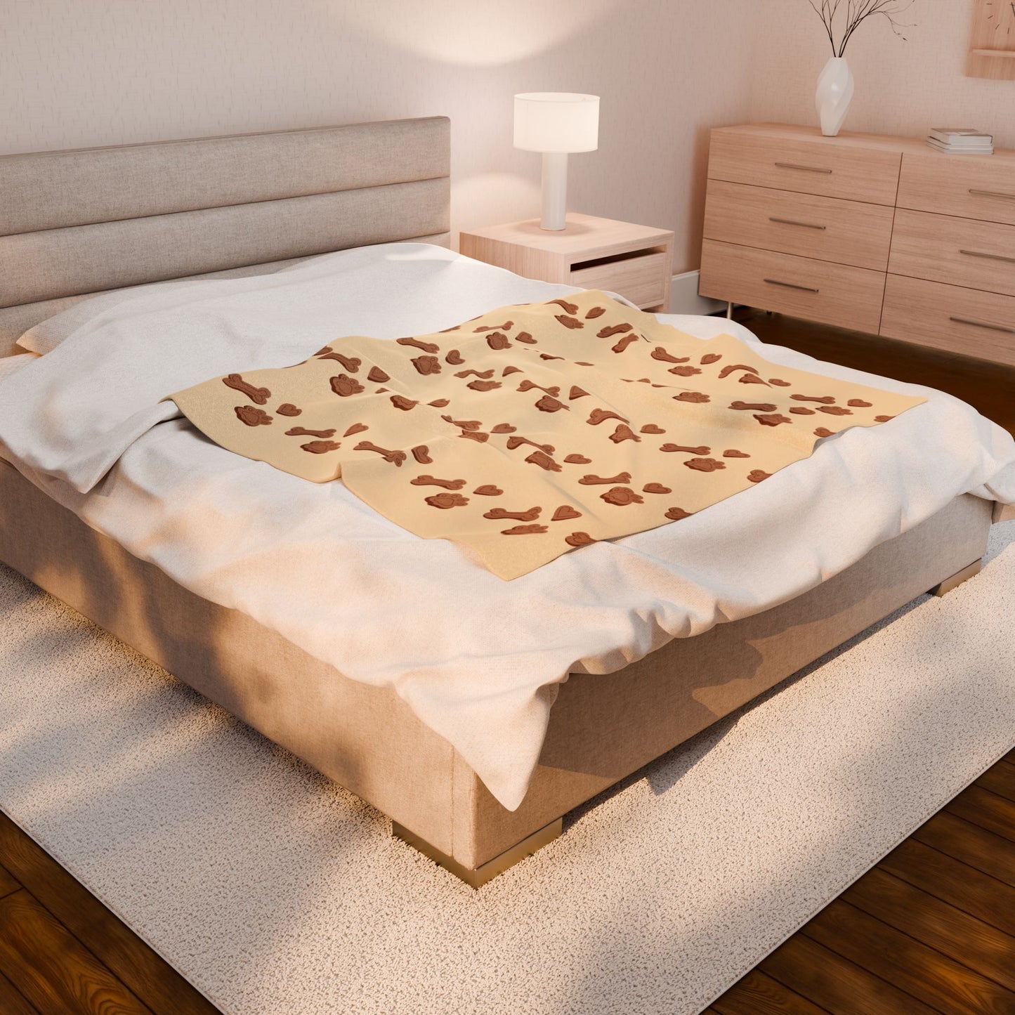 Dog Mom Cozy Blanket - Plush Beige Velveteen Throw with Paw & Bone Print (3 Sizes)