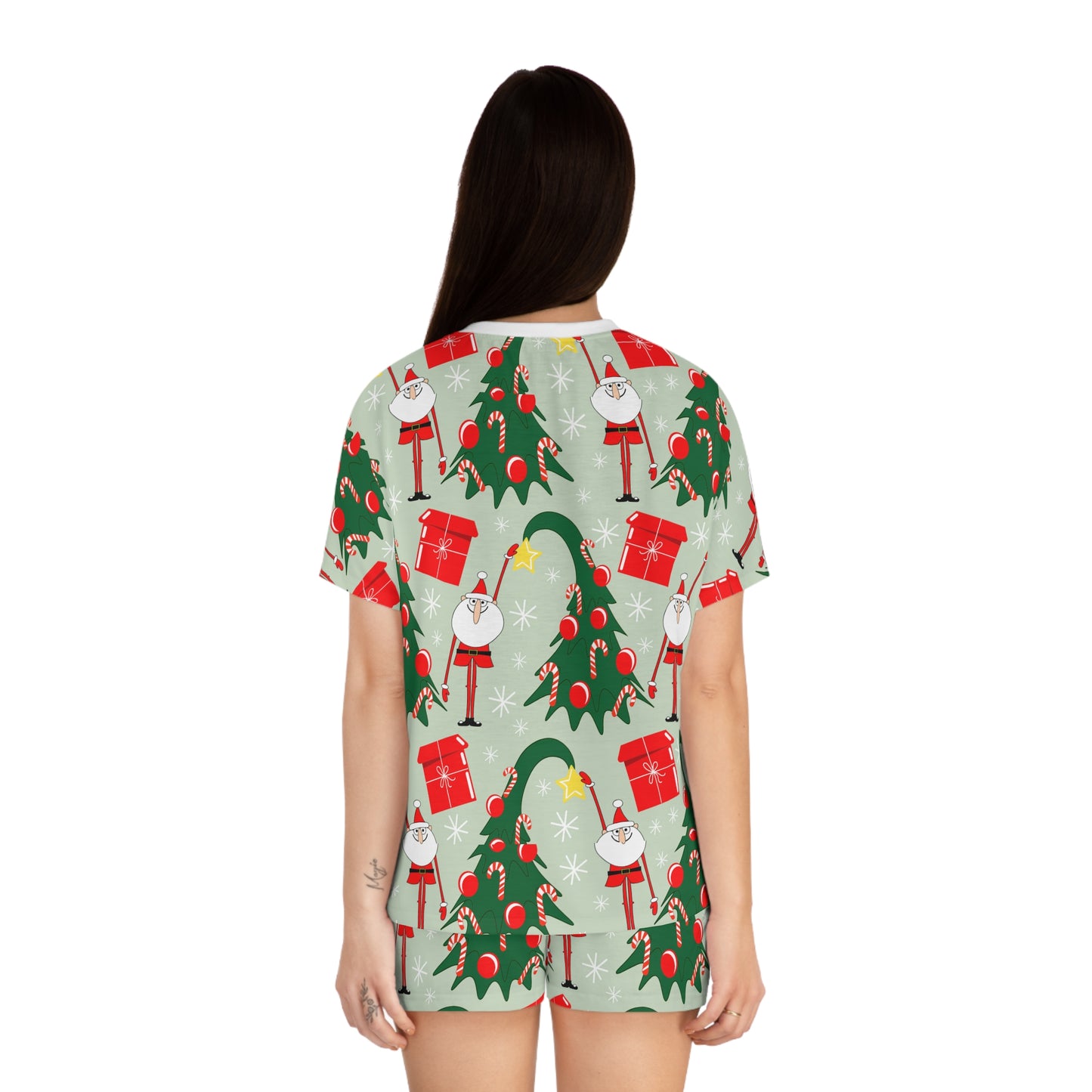 Whimsical Santa & Christmas Tree Pajama Set - Womens Two-Piece Sleepwear - Festive Holiday Gift Idea
